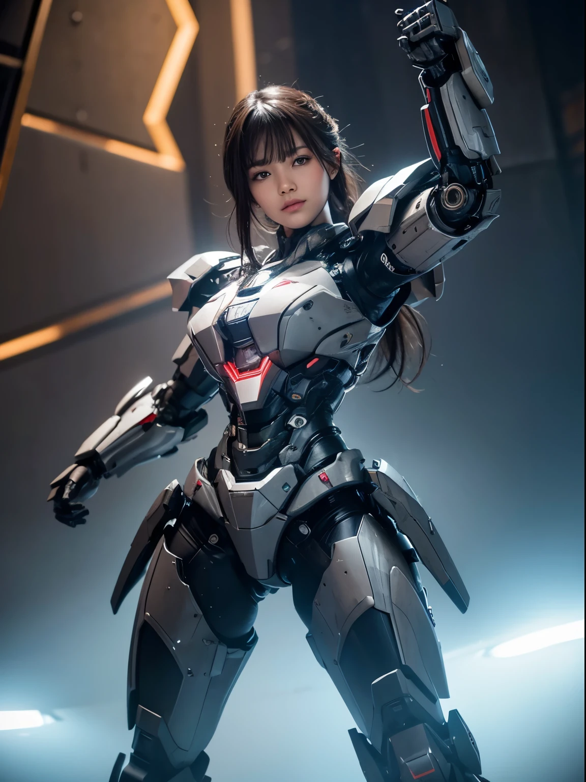 Textured skin, Super Detail, high details, High quality, Best Quality, hight resolution, 1080p, hard disk, Beautiful,(War Machine),beautiful cyborg woman,Mecha Cyborg Girl,Battle Mode,Girl with a Mecha Body,She wears a futuristic war machine weapon mech,Fulll body Shot