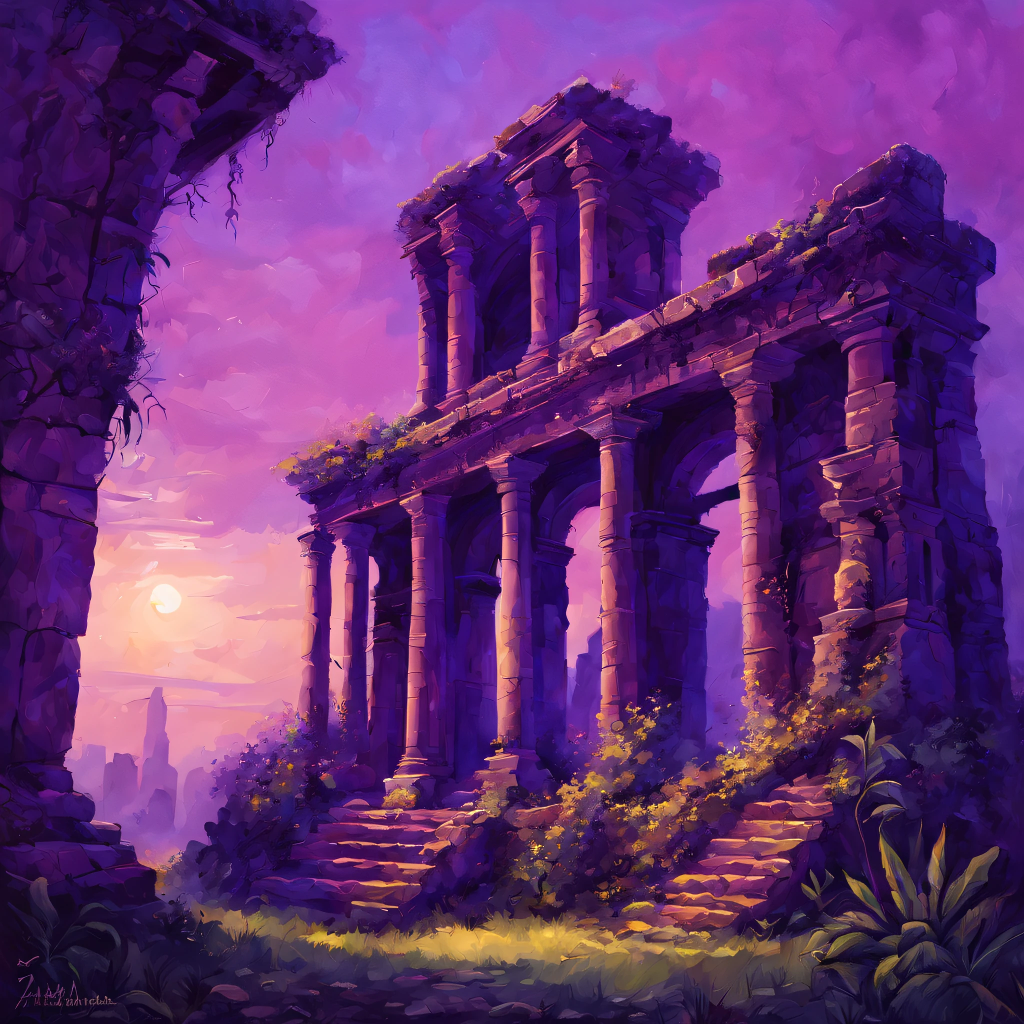 Mysterious ancient ruins,oil painted,Detailed and weathered ruins,Purple sky,safe,intricately carved、Impressive architectural structure,The ruins are covered with lush vegetation,Best quality,ultra - detailed,professional,rich palette,deep shading,Highlights are vibrant,Dramatic lighting with highlights and shadows、indirect ambient lighting、Earthy and metallic tones。