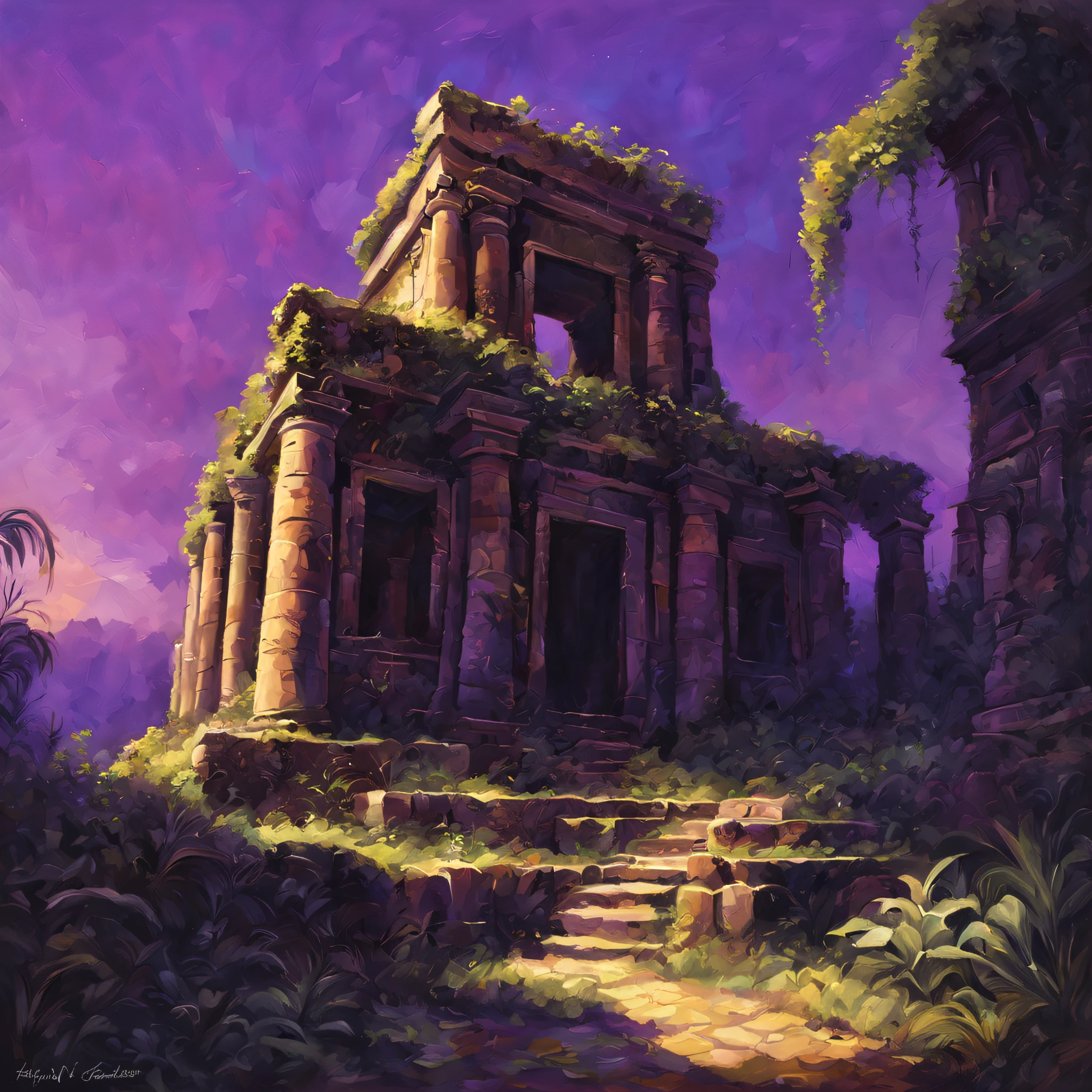 Mysterious ancient ruins,oil painted,Detailed and weathered ruins,Purple sky,safe,intricately carved、Impressive architectural structure,The ruins are covered with lush vegetation,Best quality,ultra - detailed,professional,rich palette,deep shading,Highlights are vibrant,Dramatic lighting with highlights and shadows、indirect ambient lighting、Earthy and metallic tones。