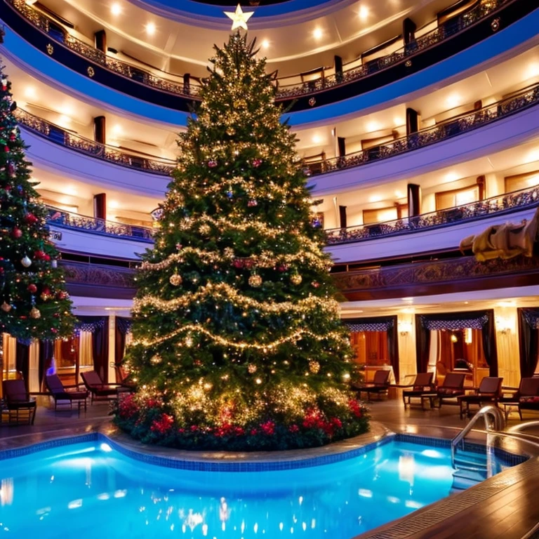 Christmas tree on a luxury cruise ship ornate swarovski You can see the blue sea swimming pools