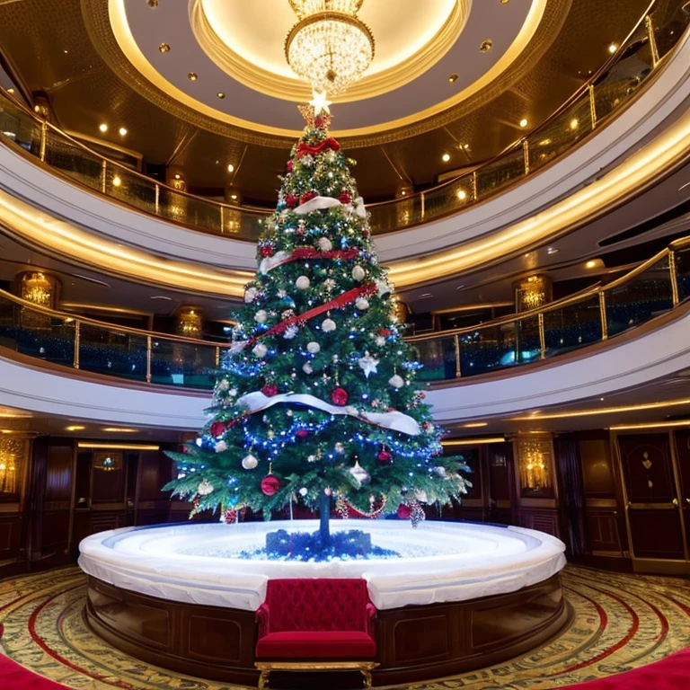 Christmas tree on a luxury cruise ship　ornate　swarovski　You can see the blue sea　swimming pools