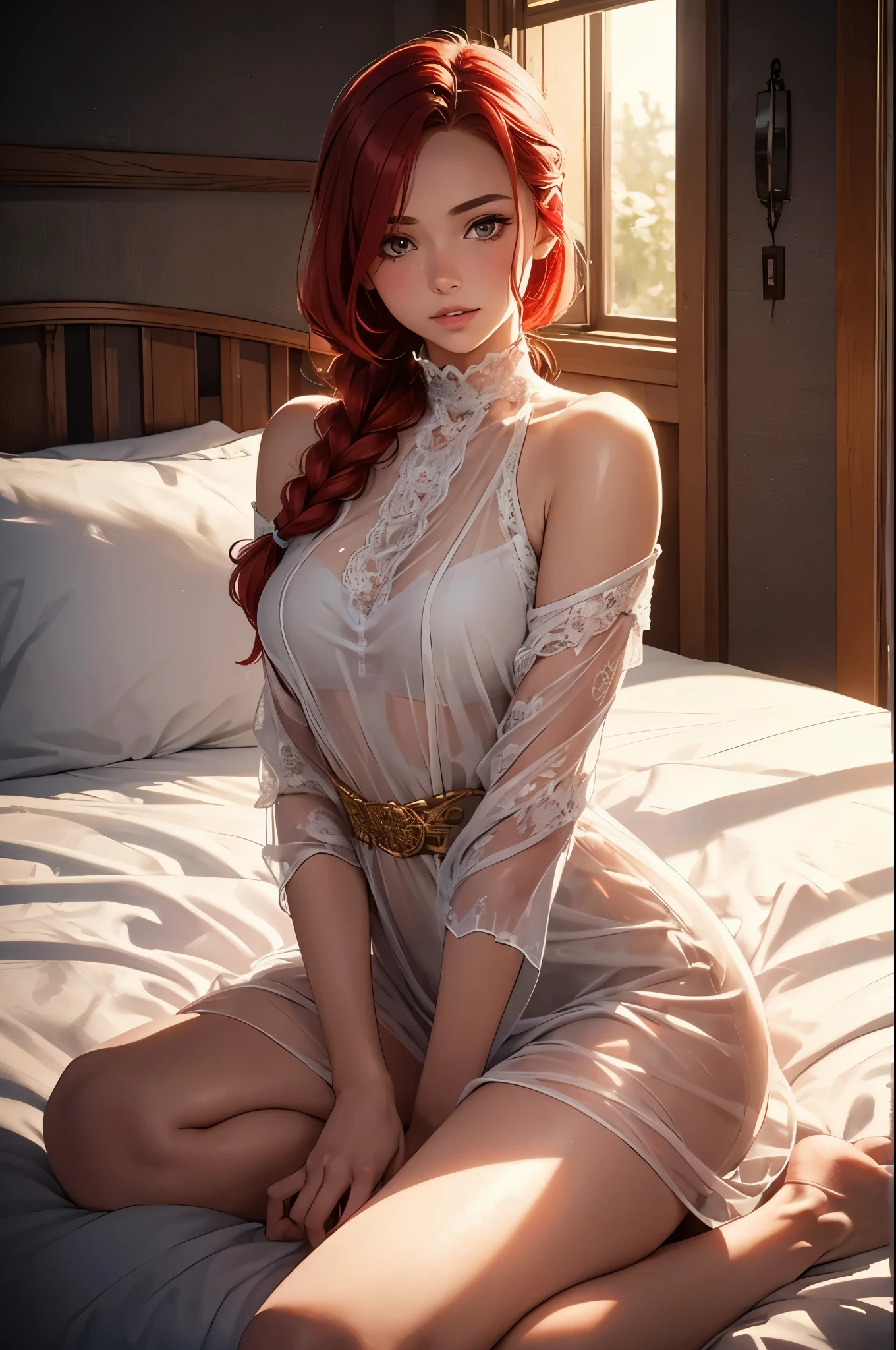 Young Nordic Woman, Cute face, Seductive, Best Quality, masutepiece, Translucent summer dress, the golden hour, Detailed textures, Long braided hair, sitting on a bed, Posing, Casual pose, Wood Cottage, interiors, [blush], Aesthetic, Convoluted, Caustics, llight rays, Sunlight, (((Soft lips))), (((Glossy lips))), Highly detailed, (Semi-realistic:1.2), Niradev, Red hair