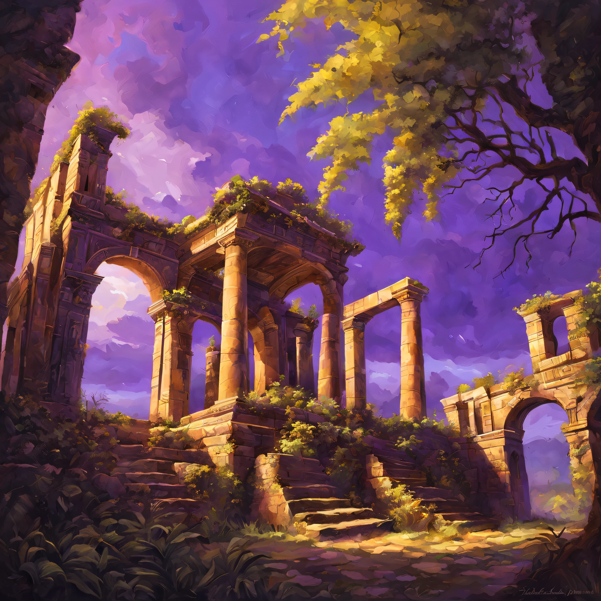 Mysterious ancient ruins,oil painted,Detailed and weathered ruins,Purple sky,safe,intricately carved、Impressive architectural structure,The ruins are covered with lush vegetation,Best quality,ultra - detailed,professional,rich palette,deep shading,Highlights are vibrant,Dramatic lighting with highlights and shadows、indirect ambient lighting、Earthy and metallic tones。
