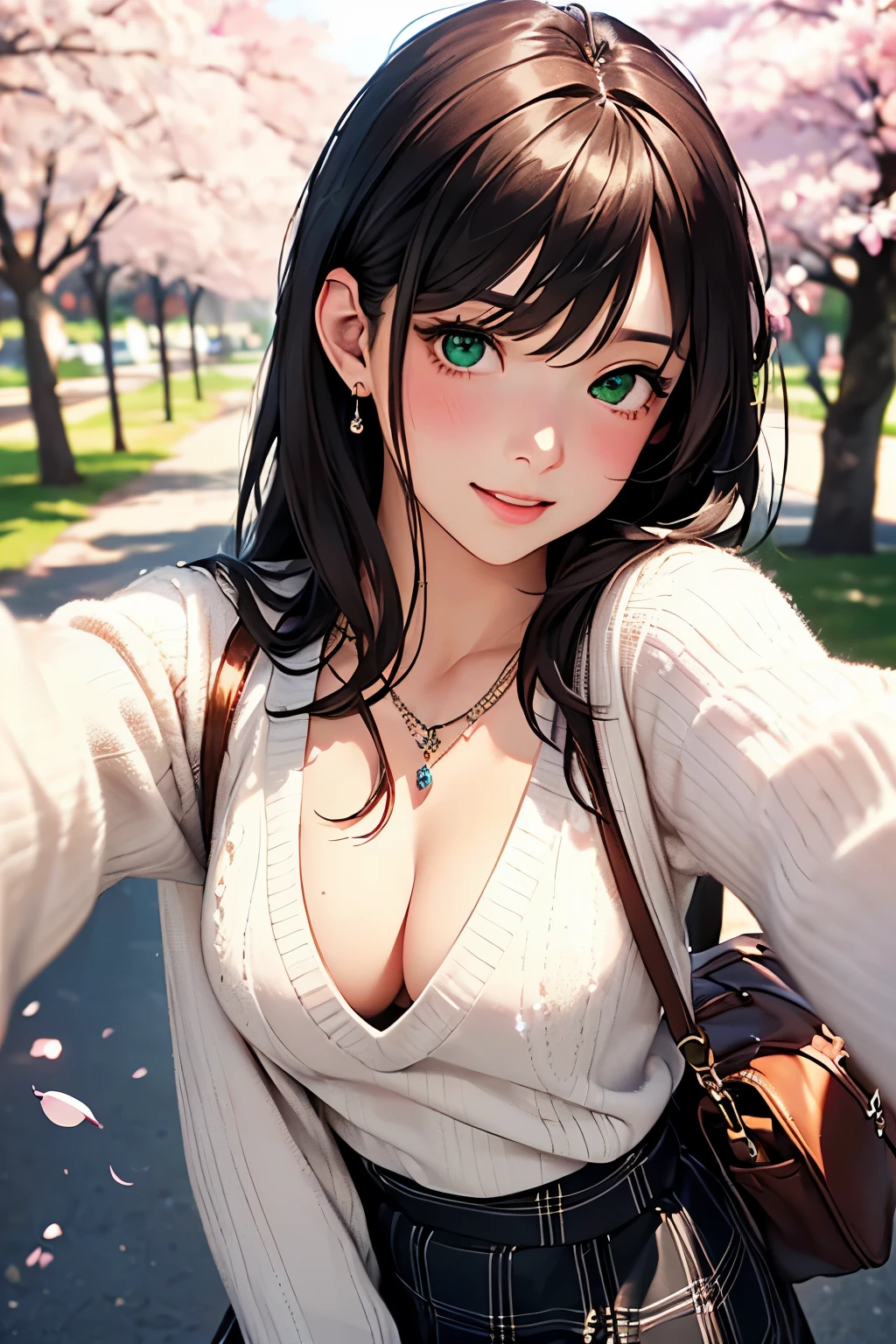 ((masutepiece, Best Quality, hight resolution, nffsw, Perfect Pixel, depth of fields, 4K, nffsw, nffsw))), 1girl in, Single, Solo, Beautiful anime girl, Beautiful Art Style, Anime Character, ((Long hair, Bangs, Brown hair)), ((Green eyes:1.4, rounded eyes, Beautiful eyelashes, Realistic eyes)), ((Detailed face, Blushing:1.2)), ((Smooth texture:0.75, Realistic texture:0.65, Photorealistic:1.1, Anime CG style)), ((medium breasts, cleavage, busty)), Dynamic Angle, Perfect body, ((POV, Selfie Pose, Portrait)), ((White sweater, Long sleeve, Black skirt, plaid skirts, Fashionable, 1 handbag, 1 diamond necklace)), Smile, Open mouth, amusement park, ((The cherry tree, Cherry blossoms fall))