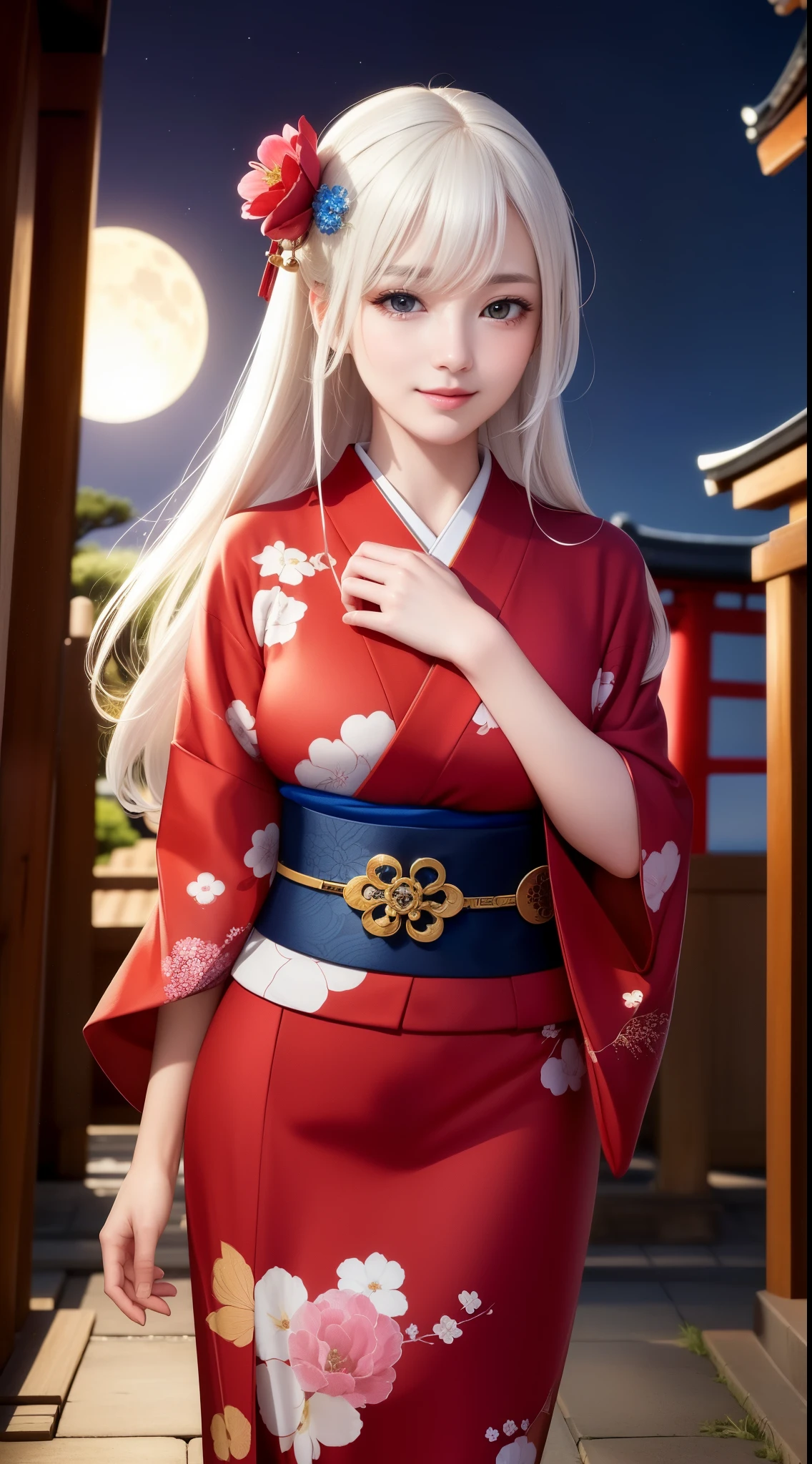 ((((best quality))), (((ultra detailed))), (((masterpiece))), illustration, warm lighting, bright colors, 8K wallpaper, 1girl, solo, heterochromia, blue eye, pink eye, flower, hair flower, hair accessory, flower accessory, hair between eyes, hair ornament, white hair, very long hair, belt, (expressionless), beautiful detailed sky, moon, night time, kimono, old Shinto shrine in the background, Japan, hands hidden under clothes, shiny skin, photo background, smile,