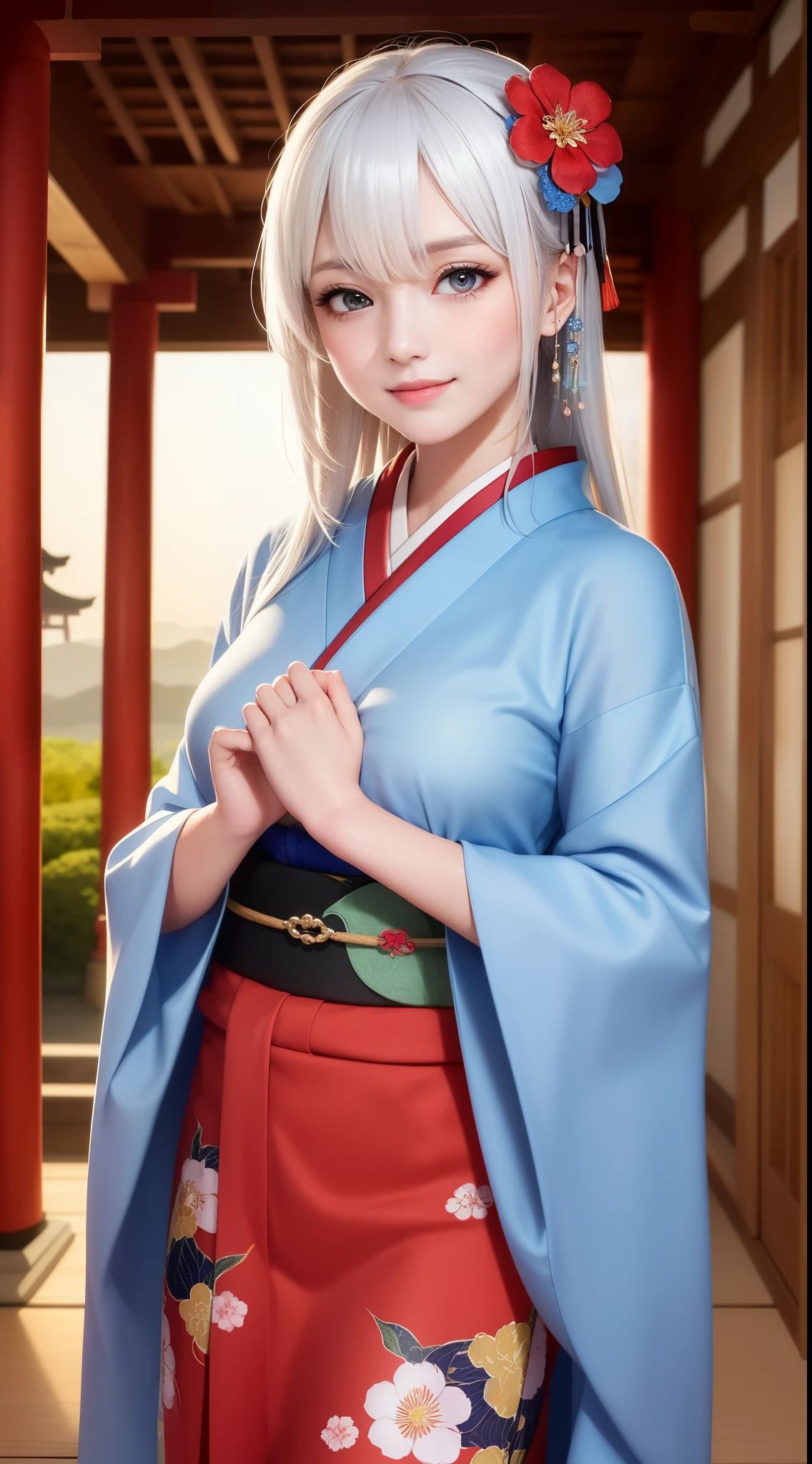 ((((best quality))), (((ultra detailed))), (((masterpiece))), illustration, warm lighting, bright colors, 8K wallpaper, 1girl, solo, heterochromia, blue eye, pink eye, flower, hair flower, hair accessory, flower accessory, hair between eyes, hair ornament, white hair, very long hair, belt, (expressionless), beautiful detailed sky, moon, night time, kimono, old Shinto shrine in the background, Japan, hands hidden under clothes, shiny skin, photo background, smile,