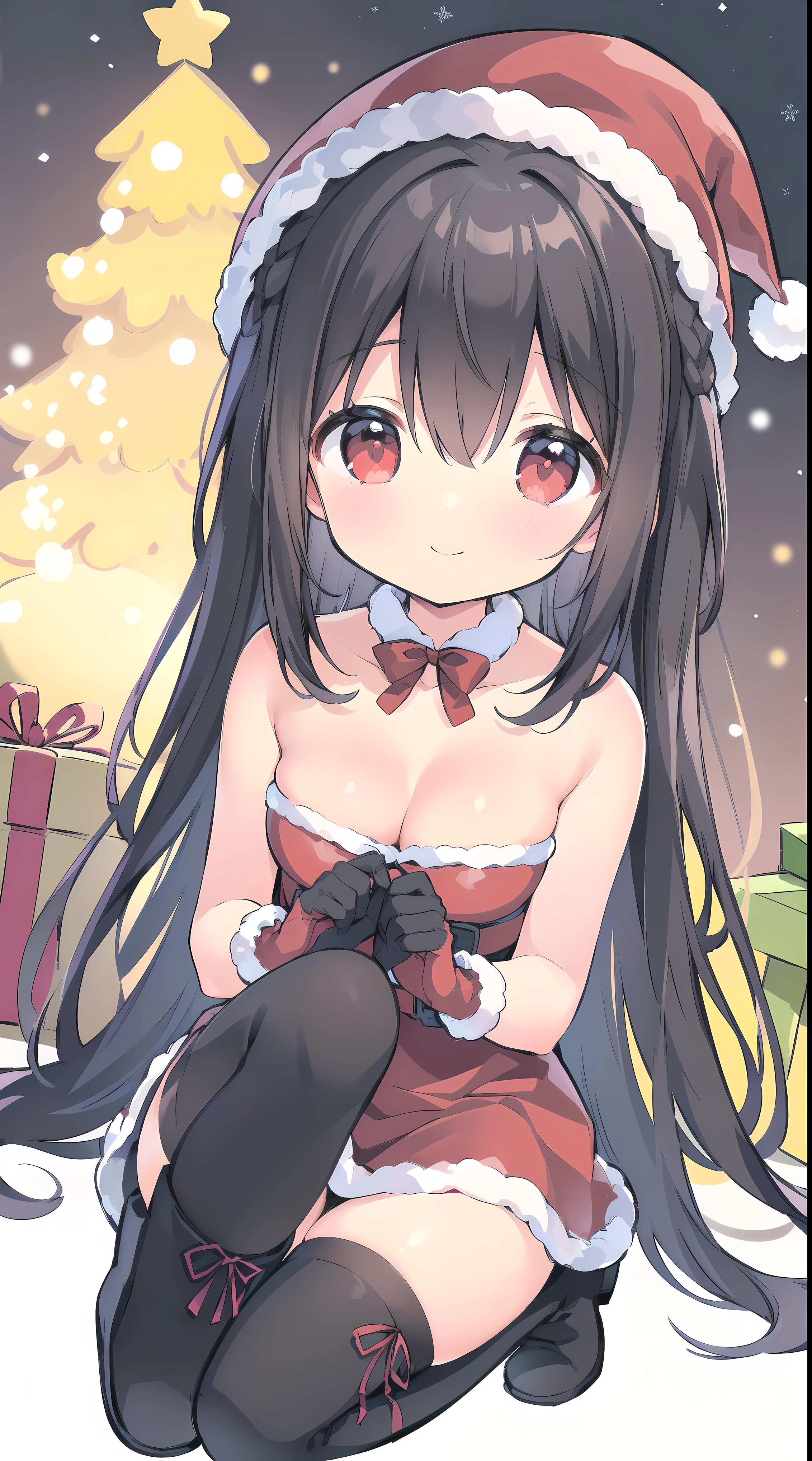 Landscape mode, (wearing cute red christmas dress, wearing big red christmas hat, big red ribbon on the back of her hair, christmas gloves, wear long black stocking, knee high red christmas boots:1.5), picture infront of big christmas tree on a big outdoor plaza at night with starry sky and a lot of hanging christmas light, (gentle housewife, small girl, full body, depth of view, petite and short figure girl, cute and , perfect woman, medium cleavage, mature aura:1.2), (masterpiece, best quality, HD Pictures, 4K:1.1), outdoor, very long hair, bangs, gentle look, gentle smile, gentle eyes, mature looking, pinkish cheeks, very detailed eyes, very detailed pupils, very detailed ridiculously long black hair, detailed face, detailed ruby red eyes, full body, look up to viewer, detailed long black hair, (happy gentle face, warm smile, blushing red cheeks, hands reaching towards viewer:1.3)