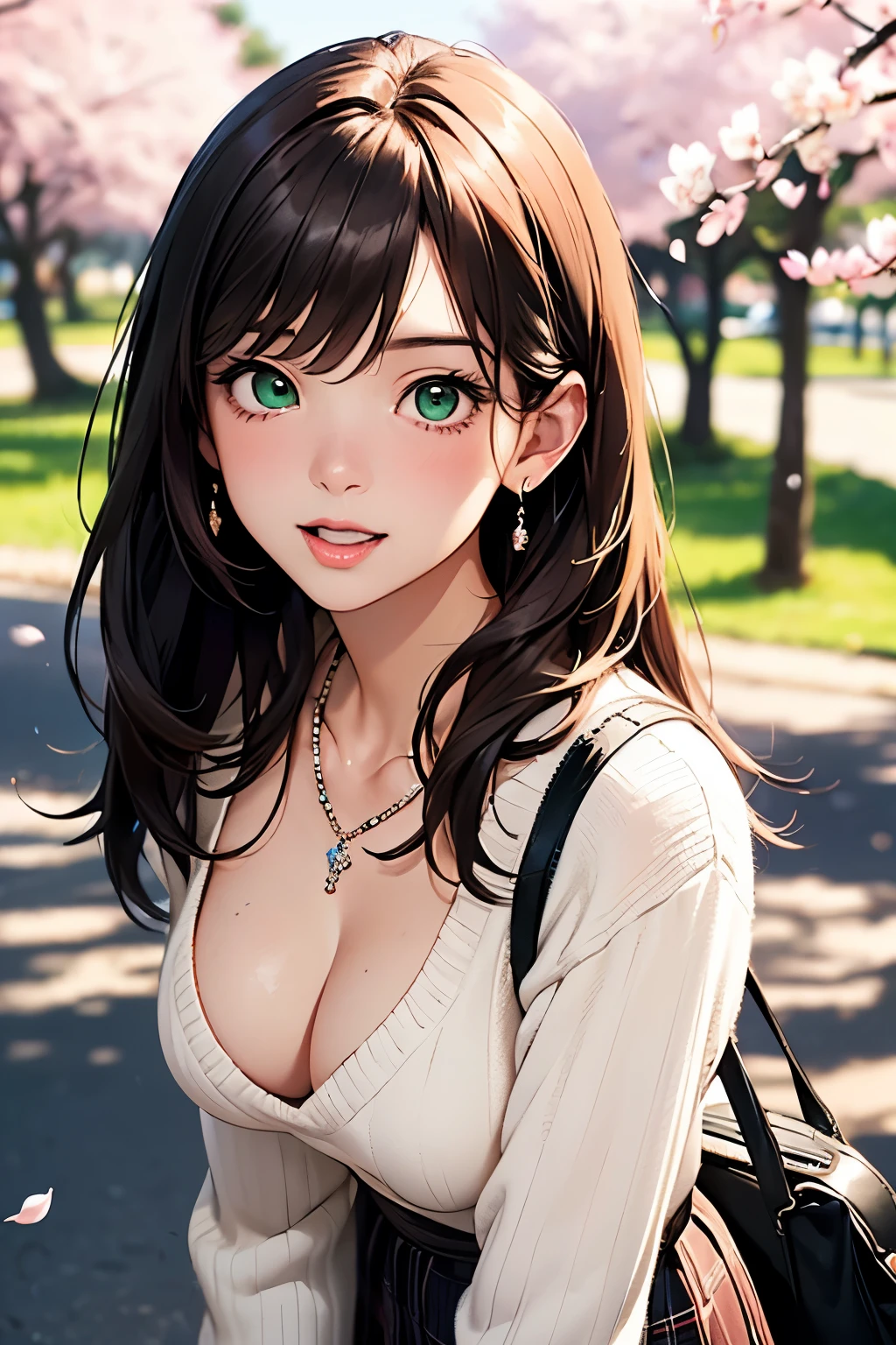 ((masutepiece, Best Quality, hight resolution, nffsw, Perfect Pixel, depth of fields, 4K, nffsw, nffsw))), 1girl in, Single, Solo, Beautiful anime girl, Beautiful Art Style, Anime Character, ((Long hair, Bangs, Brown hair)), ((Green eyes:1.4, rounded eyes, Beautiful eyelashes, Realistic eyes)), ((Detailed face, Blushing:1.2)), ((Smooth texture:0.75, Realistic texture:0.65, Photorealistic:1.1, Anime CG style)), ((medium breasts, cleavage, busty)), Dynamic Angle, Perfect body, ((POV, Selfie Pose, Portrait)), ((White sweater, Long sleeve, Black skirt, plaid skirts, Fashionable, 1 handbag, 1 diamond necklace)), Smile, Open mouth, amusement park, ((The cherry tree, Cherry blossoms fall))