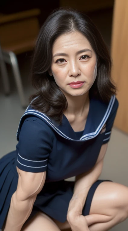 (Best Quality, hight resolution, Hires, Skin definition, Detailed skin, Detailed eyes, Detailed face, 4K, 日本人A MILF, (Solo), (((60 years old))), (Wrinkles at the corners of the eyes:1.8), (nasolabial folds:1.9), A MILF, glamor, A sexy, Chromo-white skin, (((Wavy Longhair))), Looking at Viewer,(((my skin is old:1.8))), ((muscles are old:1.8)), ((Japanese Models)), 4K, 8K, (photoRealistic:1.5), Realistic, nffsw, Beautiful, (((makeup:1.0))), small diamond necklace, piercings, {(((white and navy sailor))), (((uniform))), (((a sailor suit))), (((neckerchief))), Navel is visible, (((Dark blue pleated skirt))),(micromini skirt)}, lowfers, thick thighs, big butts, wide hips, Curve, ‎Classroom, Spread legs, Squatting, Full body photo