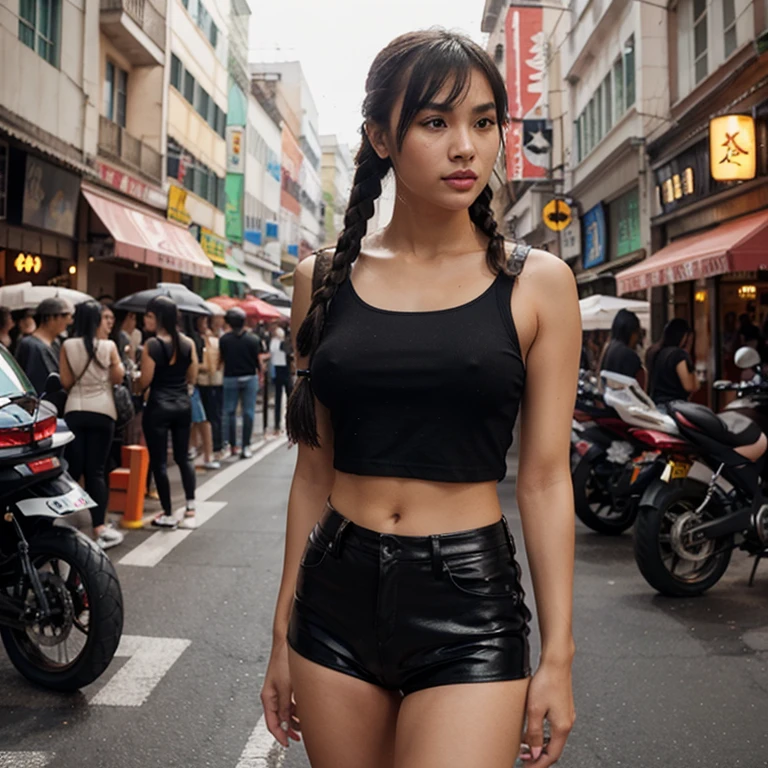 Beautiful girl, half Thai-Japanese face, super model figure, hands and feet have beautiful details. Wear a single-breasted t-shirt. Black low-waisted leather pants Standing on a crowded Thai street, she has tanned skin, braids, bangs, and red lipstick on her lips. Full body tattoo