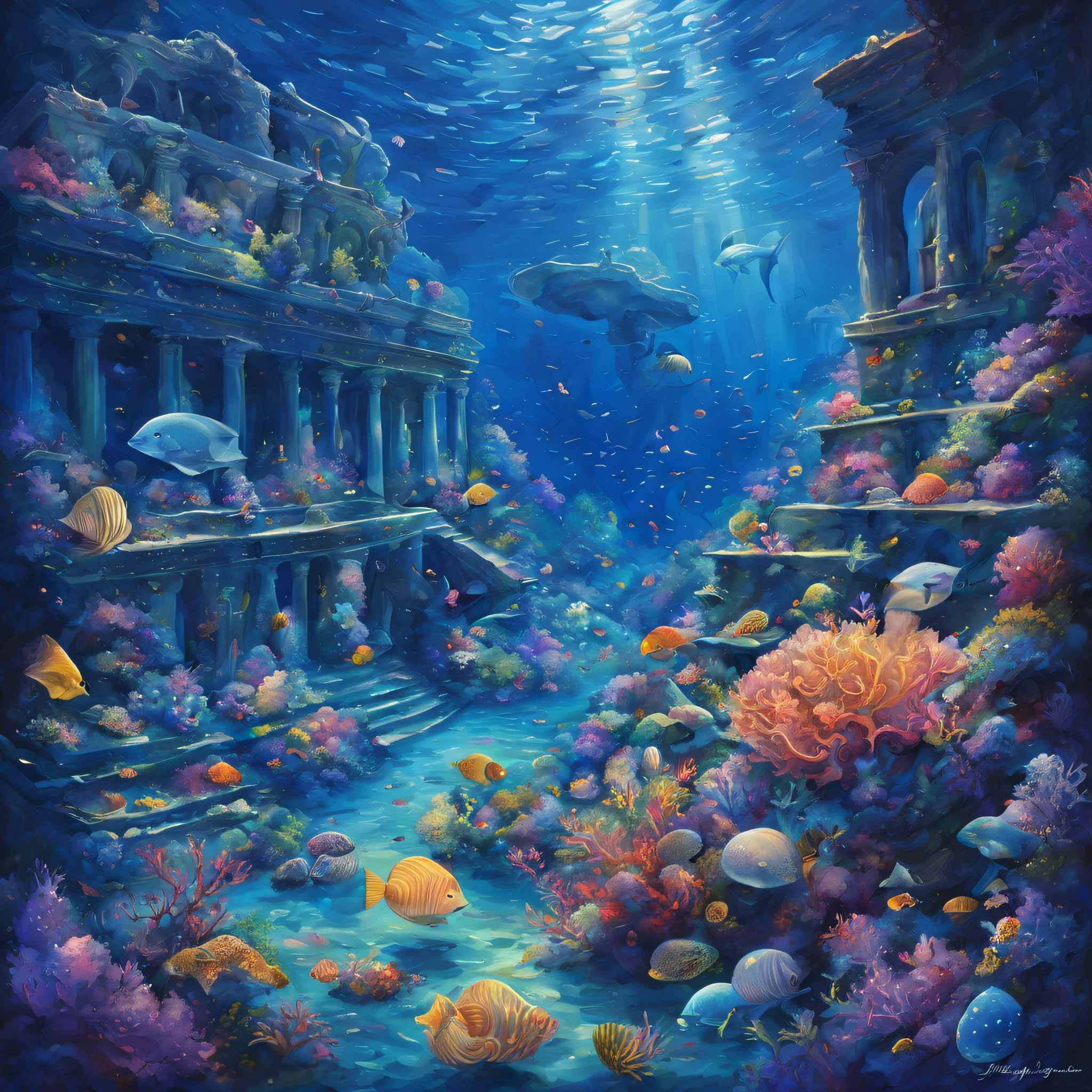 oil painted,the ocean,Under water,magia,mistic,Ancient ruins surrounded by seaweed,Beautiful coral reef with aquatic plants,Colorful fish swim around,Nipples clearly visible,Ethereal atmosphere,Mermaid statue、Huge shells、Glowing jellyfish、ancient symbols and texts、惊人的美丽和古老的magia,Uncover the mysteries of the underwater world