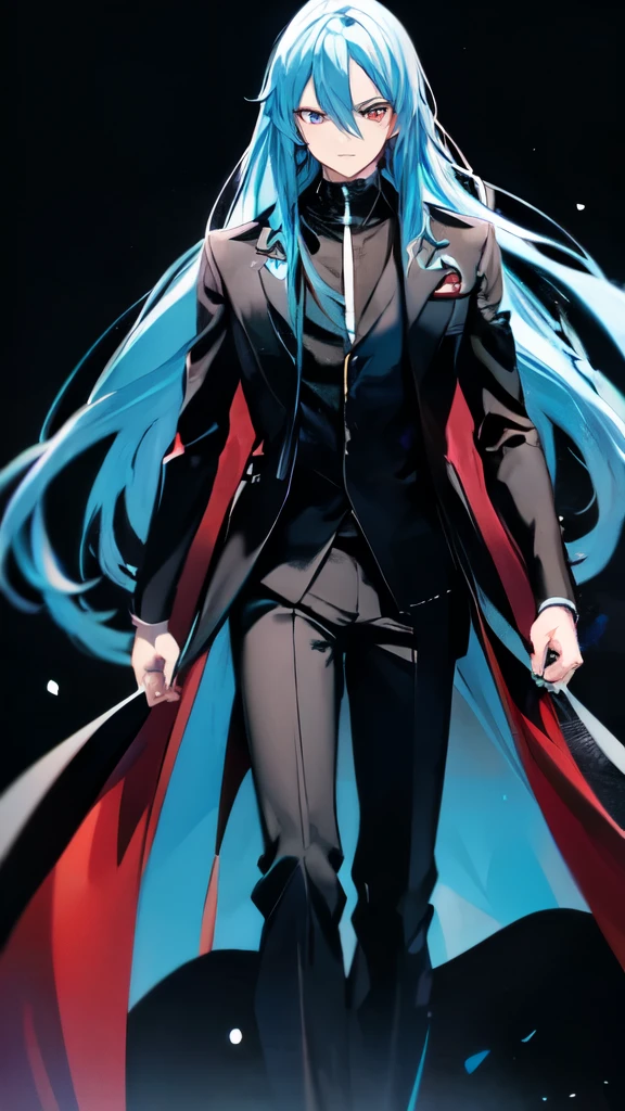 animesque, A young man, Long blue hair, Red eyes、Wearing a black overcoat, Black background