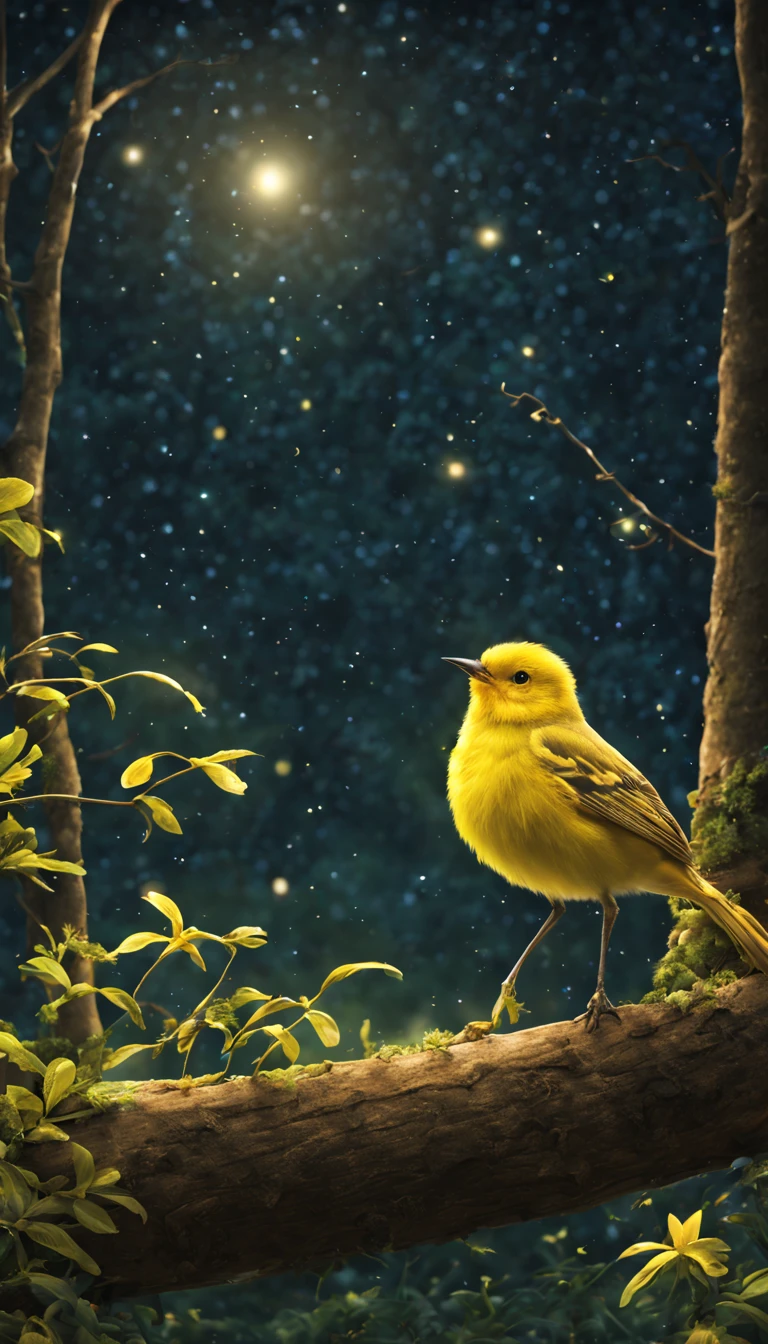 A yellow little bird,in the night forest,Shining brightly,twinkle twinkle little stars,best quality, masterpiece, 8K,ultra detailed