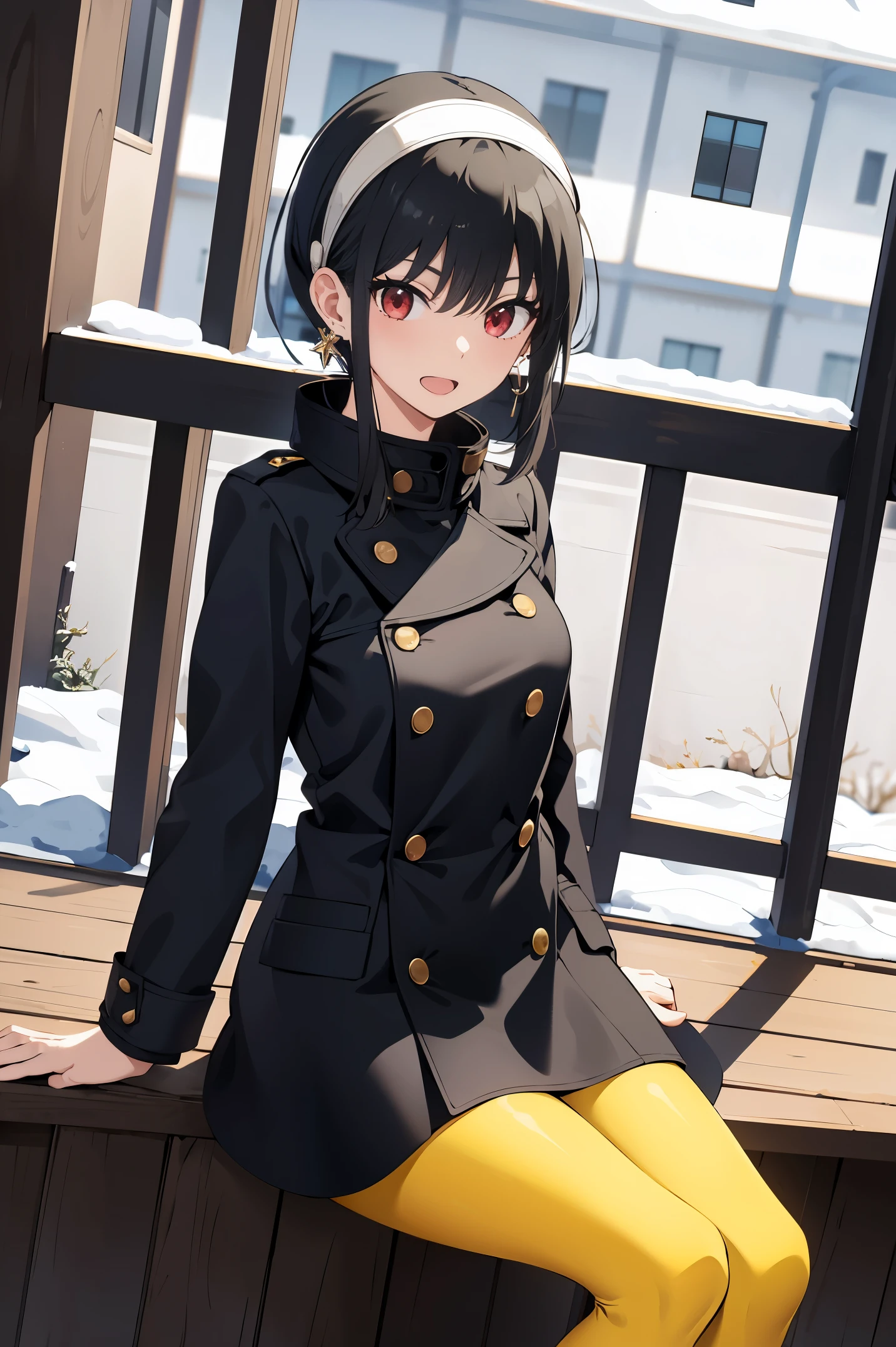 masterpiece, yor, 1girl, solo, looking at viewer, open mouth, black hair, red eyes, jewelry, sidelocks, hairband, earrings,outdoor,snow,arms behind back, short hair with long locks, white hairband, big side hair, very long side hair,smile,(sitting),BREAK white coat,wool coat,black skirt,yellow pantyhose,yellow tights,