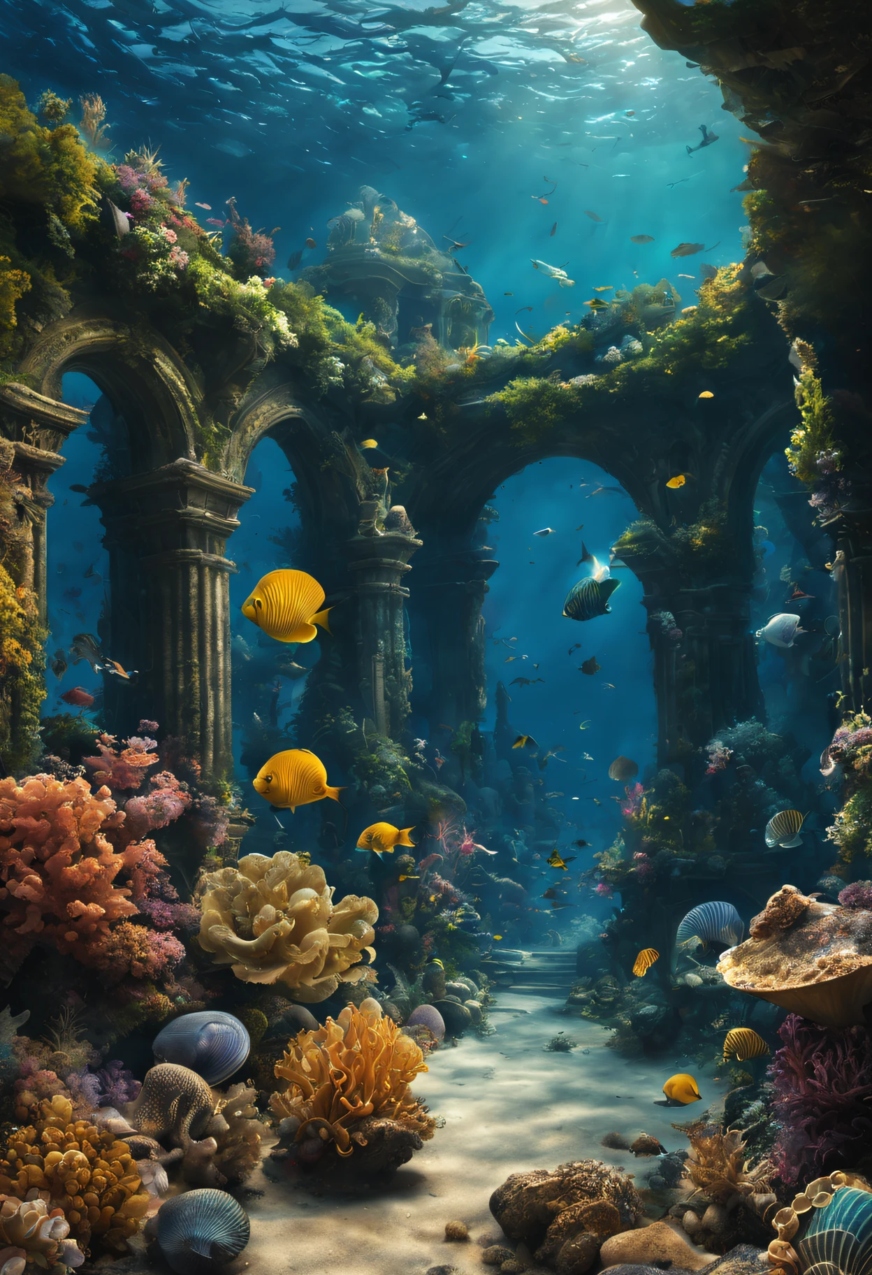 (Best quality at best,4K,8K,A high resolution,tmasterpiece:1.2),ultra - detailed,(actual,photoactual,photo-actual:1.37),the ocean,under the water,fanciful,magia,mistic,under the water city,Ancient ruins,magiaal creatures,aquatic plants,treasures,Beautiful coral reef,Golden sunshine flows,Reflection of the sparkling water,mistic glow from the ruins,Colorful fish swim around,Nipples clearly visible,Ethereal atmosphere,magia雕像,giant shell,Glowing jellyfish,hidden rooms and tunnels,sparkling gemstones,Mermaids and Mermaid Explorers,潜伏着mistic的海怪,Whispering Shells,ancient symbols and texts,散发出mistic能量,deeper abyss,Ancient ruins embraced by seaweed,Secrets waiting to be discovered,never-ending depths of the the ocean,astonishing beauty and ancient magia,unveiling the mysteries of the under the water world