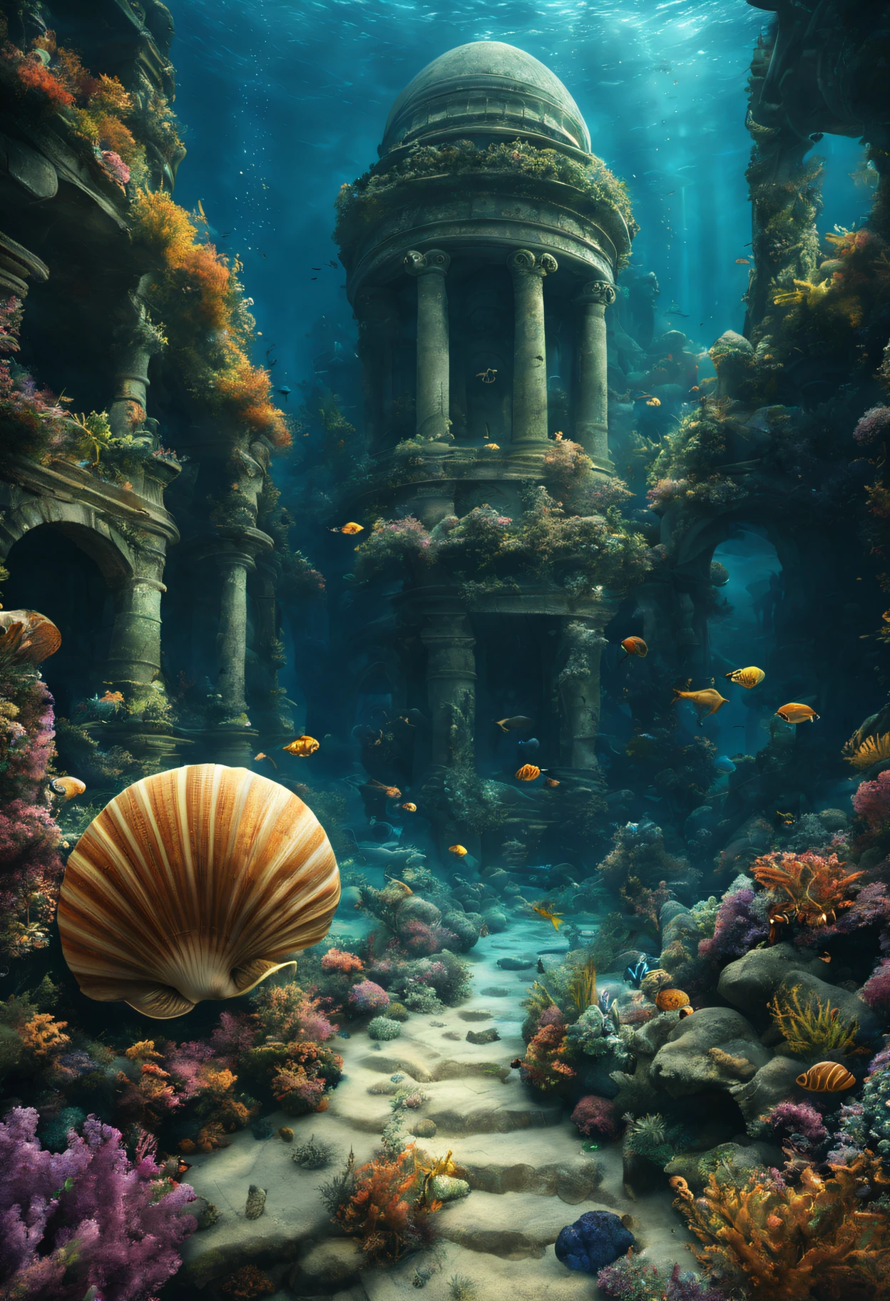 (Best quality at best,4K,8K,A high resolution,tmasterpiece:1.2),ultra - detailed,(actual,photoactual,photo-actual:1.37),the ocean,under the water,fanciful,magia,mistic,under the water city,Ancient ruins,magiaal creatures,aquatic plants,treasures,Beautiful coral reef,Golden sunshine flows,Reflection of the sparkling water,mistic glow from the ruins,Colorful fish swim around,Nipples clearly visible,Ethereal atmosphere,magia雕像,giant shell,Glowing jellyfish,hidden rooms and tunnels,sparkling gemstones,Mermaids and Mermaid Explorers,潜伏着mistic的海怪,Whispering Shells,ancient symbols and texts,散发出mistic能量,deeper abyss,Ancient ruins embraced by seaweed,Secrets waiting to be discovered,never-ending depths of the the ocean,astonishing beauty and ancient magia,unveiling the mysteries of the under the water world