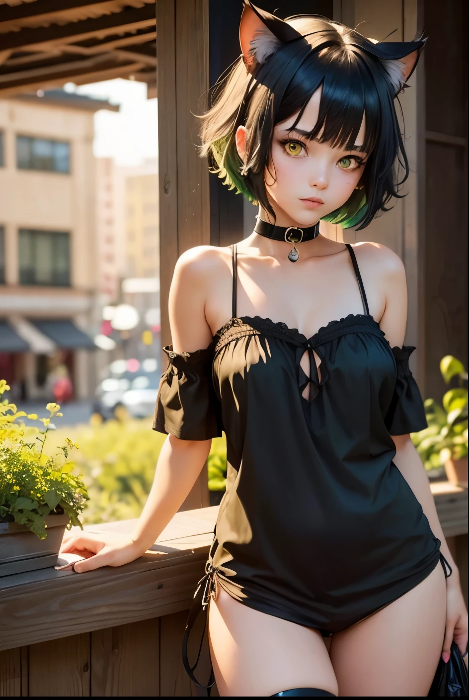 cute girl, Short dark green hair, beautiful yellow eyes, cat ears, cat collar, cat tail