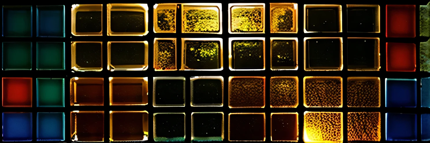 Dark background image made of translucent puzzle colored stained glass, A small fiery light shining inside