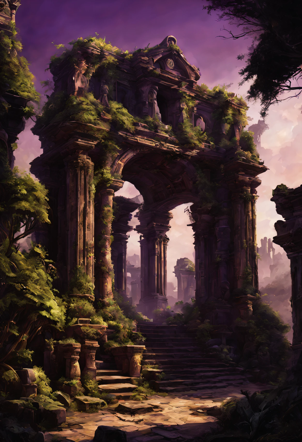 (Mysterious ancient ruins),oil painted,Detailed and weathered ruins,Purple sky,safe,intricately carved、Impressive architectural structure,The ruins are covered with lush vegetation,A majestic statue in Warhammer 40k style guards the entrance,Best quality,ultra - detailed,professional,rich palette,deep shading,Highlights are vibrant,Dramatic lighting with highlights and shadows、indirect ambient lighting、Earthy and metallic tones。