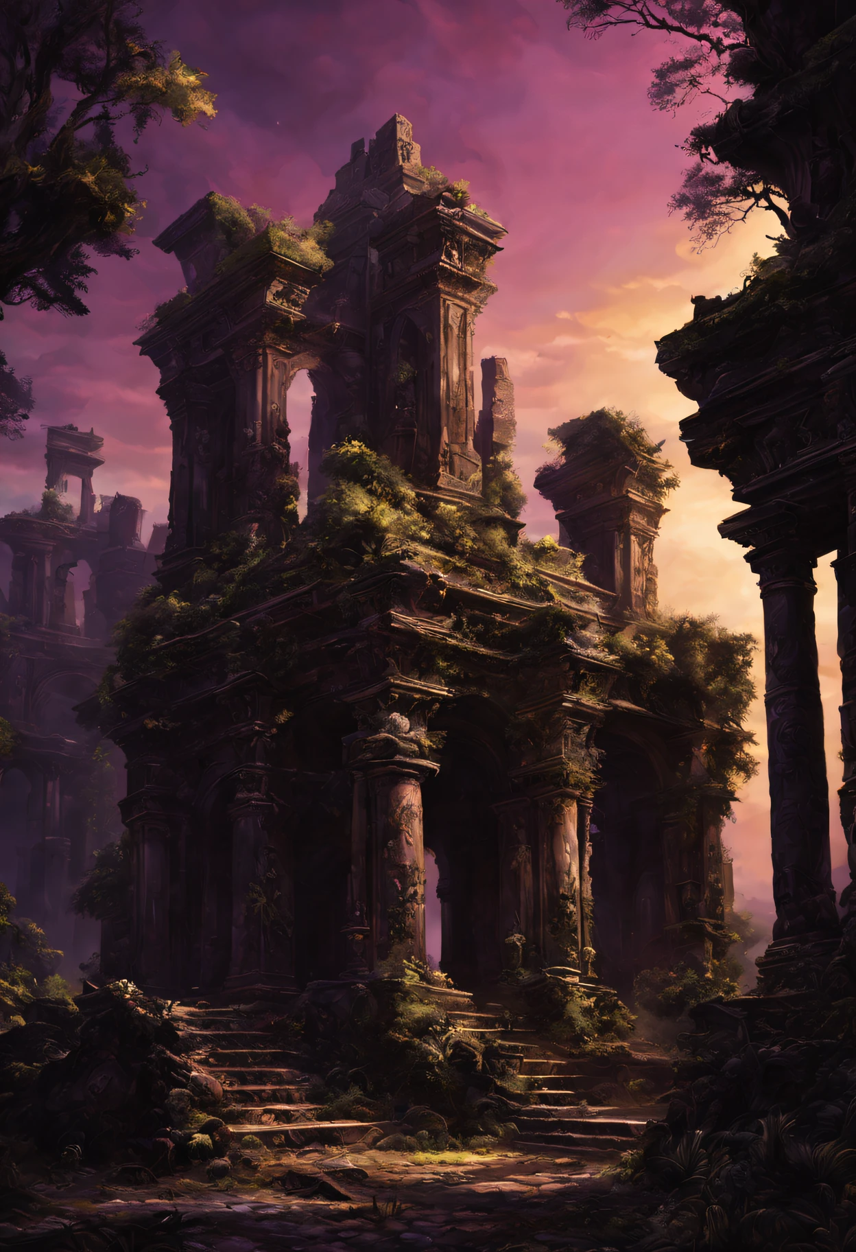 （Mysterious ancient ruins），oil painted，Detailed and weathered ruins，Purple sky，safe，intricately carved、Impressive architectural structure，The ruins are covered with lush vegetation，A majestic statue in Warhammer 40k style guards the entrance，Best quality，ultra - detailed，professional，rich palette，deep shading，Highlights are vibrant，Dramatic lighting with highlights and shadows、indirect ambient lighting、Earthy and metallic tones。