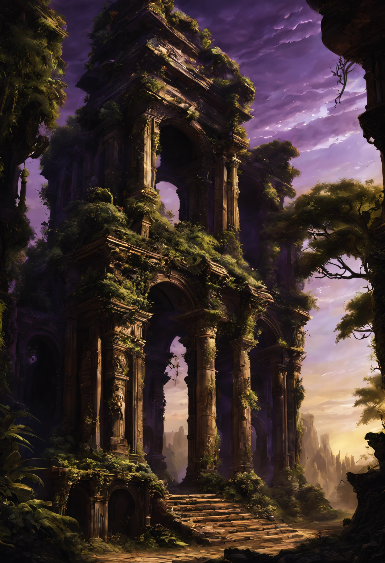 (Mysterious ancient ruins),oil painted,Detailed and weathered ruins,Purple sky,safe,intricately carved、Impressive architectural structure,The ruins are covered with lush vegetation,A majestic statue in Warhammer 40k style guards the entrance,Best quality,ultra - detailed,professional,rich palette,deep shading,Highlights are vibrant,Dramatic lighting with highlights and shadows、indirect ambient lighting、Earthy and metallic tones。