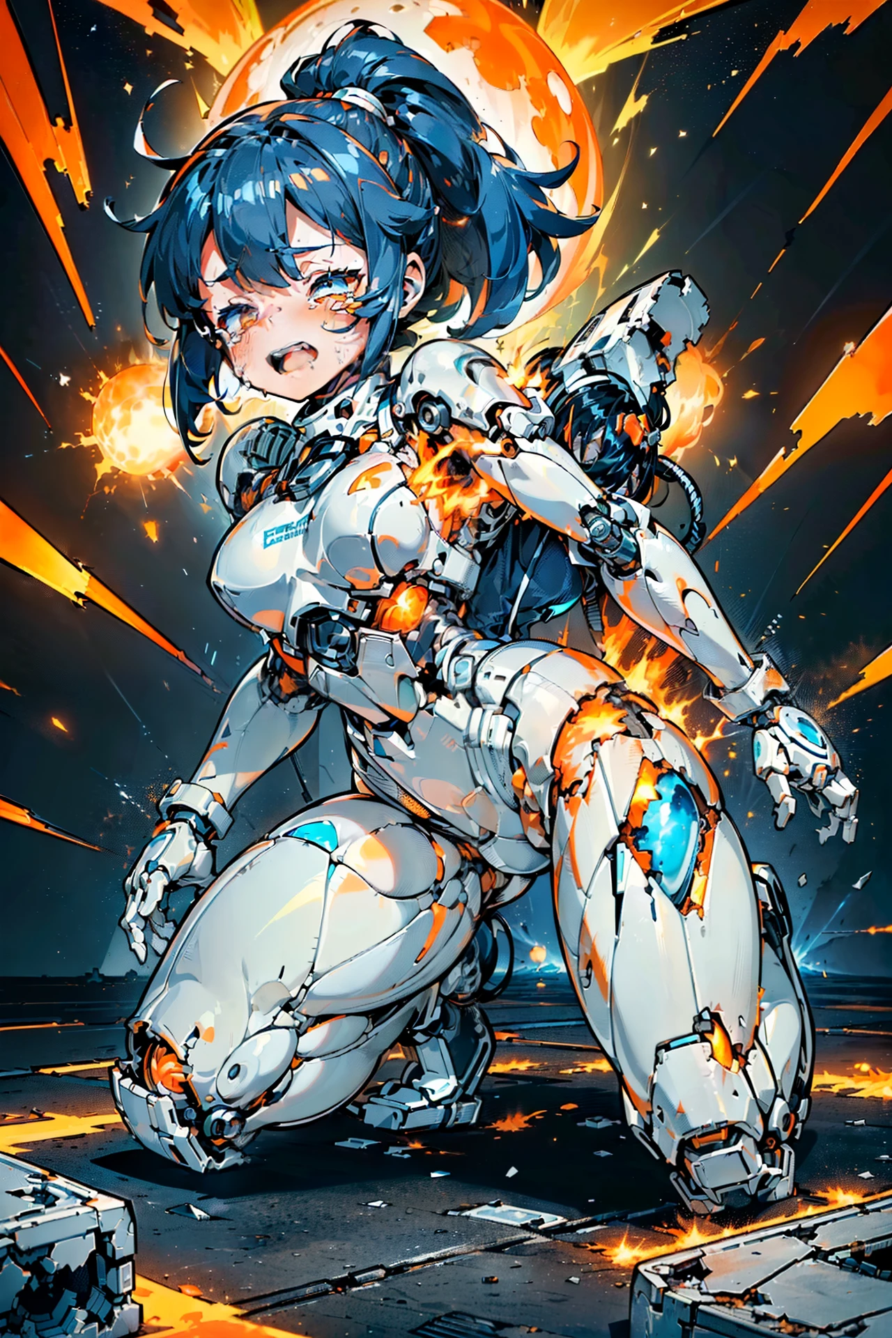 (((masterpiece))), Girl Robot, (li:1.4), (Gamine:1.5), (Streamlined body based on white), White and navy blue pilot suit, White and navy blue tight-fitting clothing, White and navy blue thigh cover pants, White and navy blue shoulder cover clothes, White and navy blue shiny clothes, Navy blue tight-fitting pants that hide the legs, (A body destroyed to pieces:1.4), (The body has many tears and scratches:1.4), (Machines and cables visible through the cracks in the body:1.4), (The body overheated and exploded:1.4), (The overheated body exploded:1.4), (The overheated body spewed out a large amount of flame and exploded.:1.4), (The body overheated and exploded:1.2), (A body destroyed to pieces:1.5), (A large body explosion causes a large amount of orange flame to be breathed out from the cracks in the body.:1.4), (Clenching teeth:1.4), (Close both eyes:1.4), (Crying hard:1.4), (Dark blue hair ponytail:1.4), (Get down on both knees:1.4), (Mechanical joints:1.4), (Machine body:1.4), (from side:1.3), (looking away:1.3), mecha musume, mechanical parts, robot joints, headgear