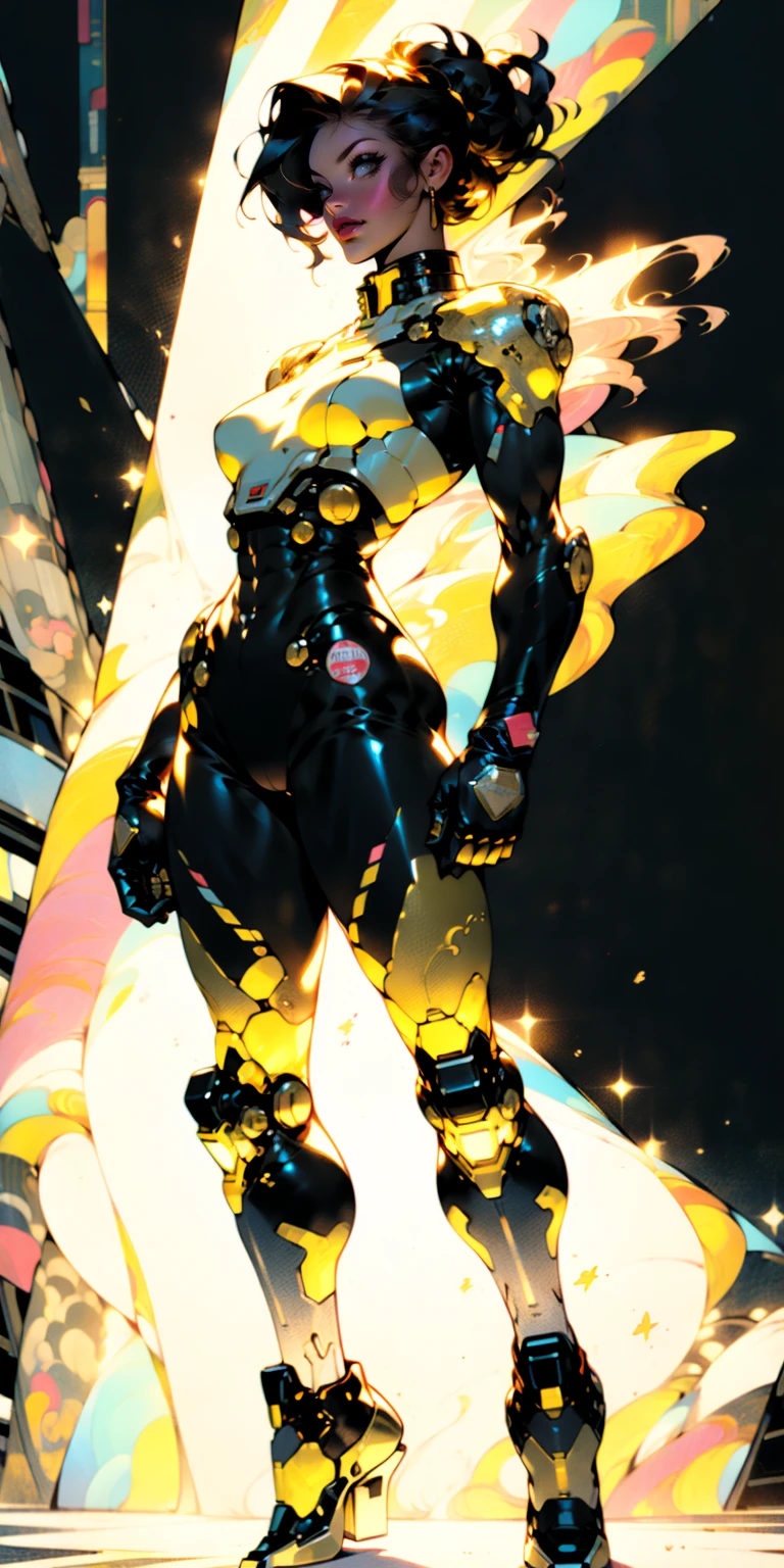 ((Best quality)), ((masterpiece)), (detailed: 1.4), (Absurd), (((full body)), (((woman))), 35-year-old woman, Beautiful muscular woman, giant robot pilot, wild with perfect fit body, wearing little clothing, tiny thong, clothing with Japanese graphic patterns, halftone pattern and vertical stripes, yellow gold, coming out of the body of a giant robot