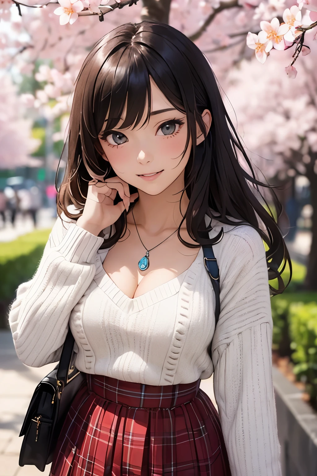 ((masutepiece, Best Quality, hight resolution, nffsw, Perfect Pixel, depth of fields, 4K, nffsw, nffsw))), 1girl in, Single, Solo, Beautiful anime girl, Beautiful Art Style, Anime Character, ((Long hair, Bangs, Brown hair)), ((Green eyes:1.4, rounded eyes, Beautiful eyelashes, Realistic eyes)), ((Detailed face, Blushing:1.2)), ((Smooth texture:0.75, Realistic texture:0.65, Photorealistic:1.1, Anime CG style)), ((medium breasts, cleavage, busty)), Dynamic Angle, Perfect body, ((POV, Selfie Pose, Portrait)), ((White sweater, Long sleeve, Black skirt, plaid skirts, Fashionable, 1 handbag, 1 diamond necklace)), Smile, Open mouth, amusement park, ((The cherry tree, Cherry blossoms fall))