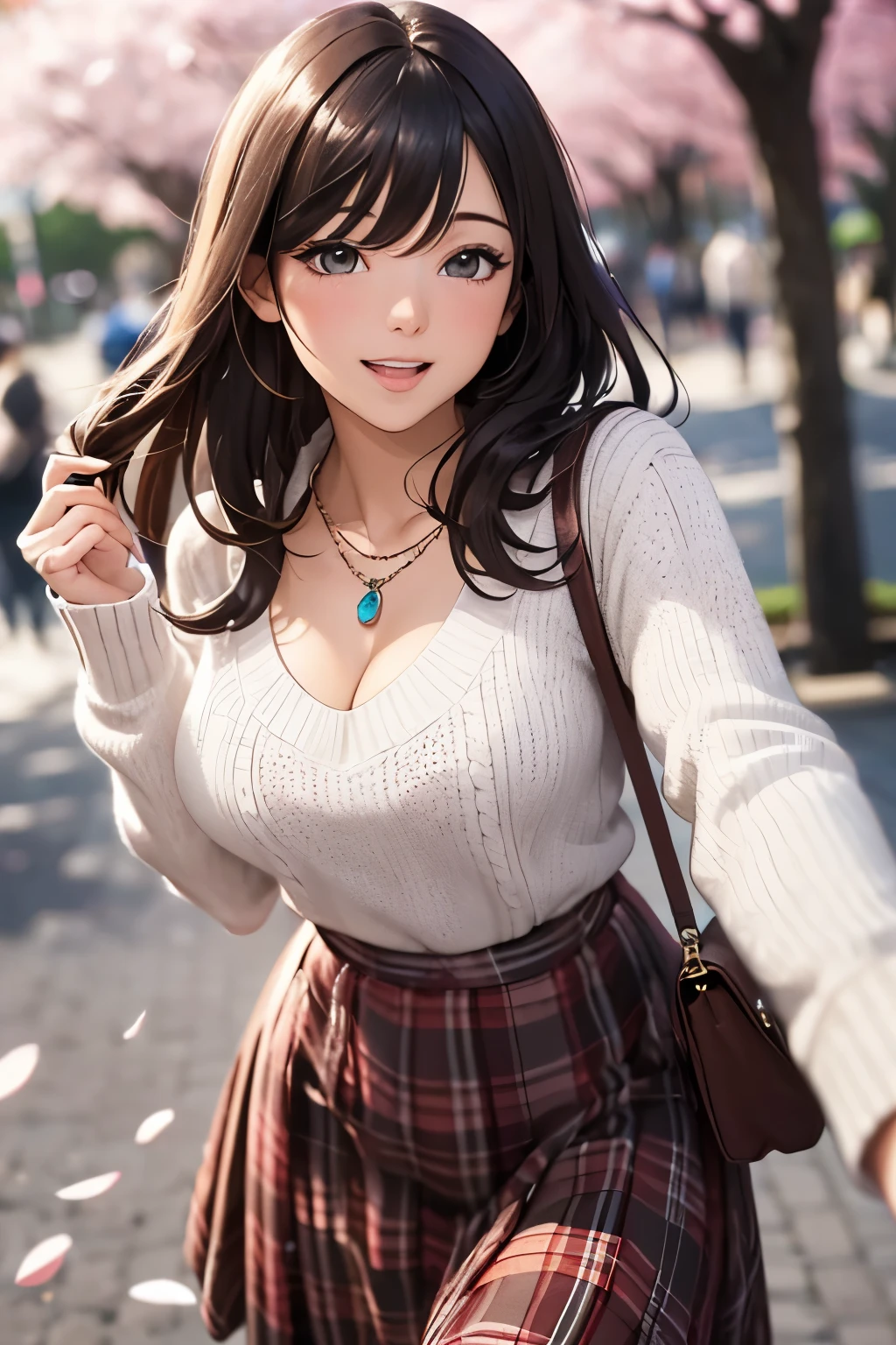 ((masutepiece, Best Quality, hight resolution, nffsw, Perfect Pixel, depth of fields, 4K, nffsw, nffsw))), 1girl in, Single, Solo, Beautiful anime girl, Beautiful Art Style, Anime Character, ((Long hair, Bangs, Brown hair)), ((Green eyes:1.4, rounded eyes, Beautiful eyelashes, Realistic eyes)), ((Detailed face, Blushing:1.2)), ((Smooth texture:0.75, Realistic texture:0.65, Photorealistic:1.1, Anime CG style)), ((medium breasts, cleavage, busty)), Dynamic Angle, Perfect body, ((POV, Selfie Pose, Portrait)), ((White sweater, Long sleeve, Black skirt, plaid skirts, Fashionable, 1 handbag, 1 diamond necklace)), Smile, Open mouth, amusement park, ((The cherry tree, Cherry blossoms fall))