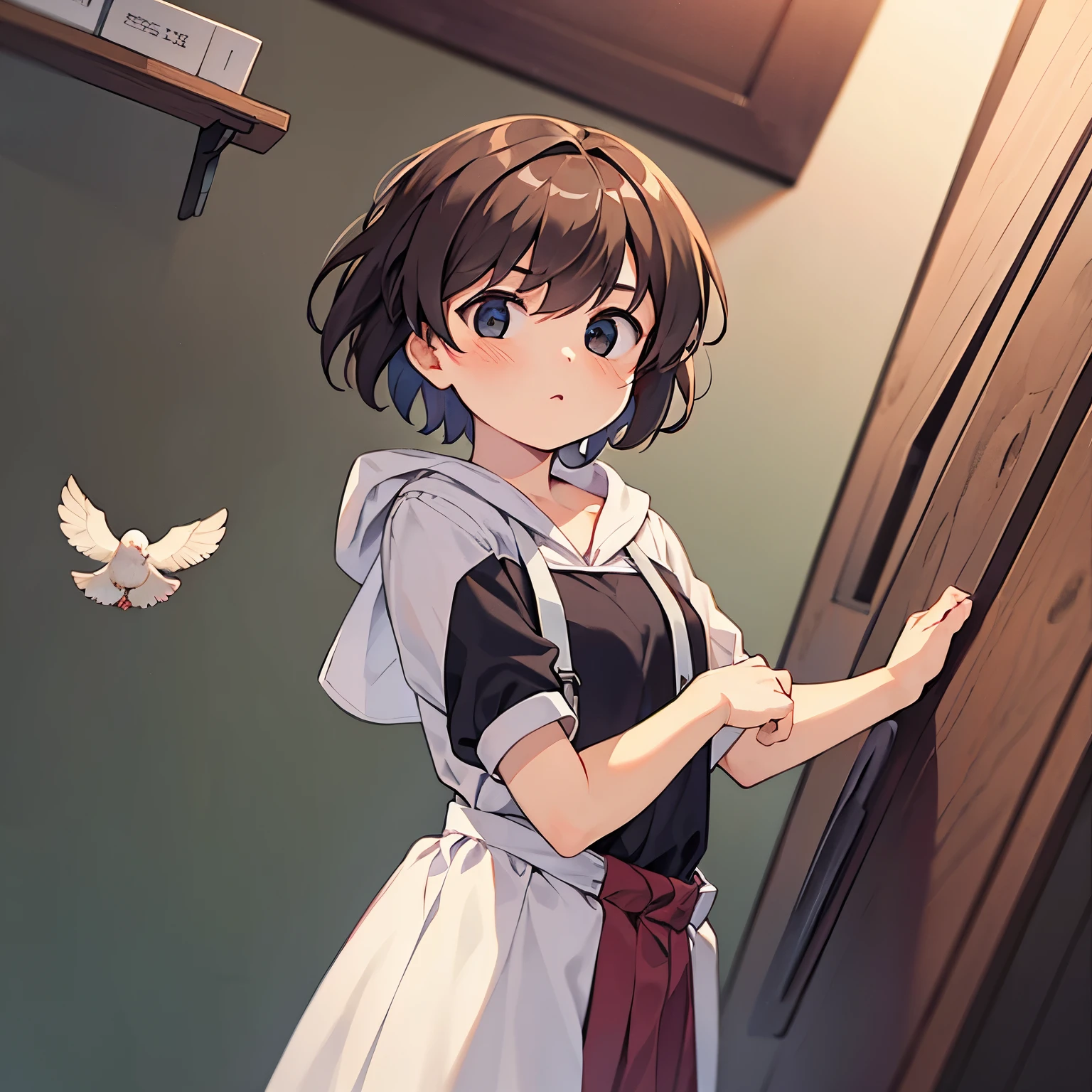 A girl with short hair releases three doves，Painting style，The picture is rough