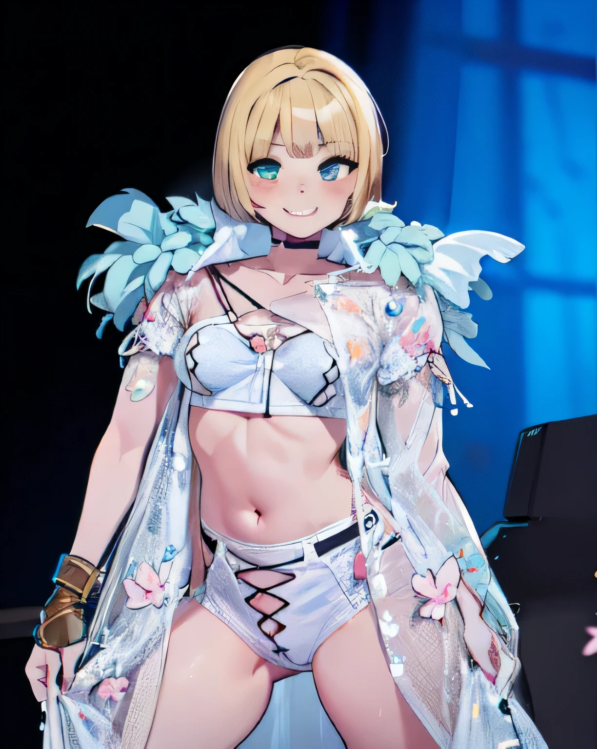 Chibi、Cute smiling woman、a blond、bob cuts、small tits