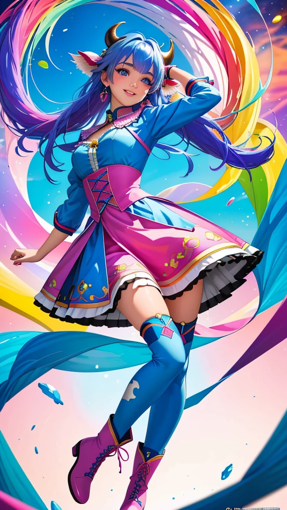 (best quality, masterpiece, colorful, dyanmic pose, highest detailed) upper body photo, fashion photography of cute, intense blue hair, blue eyes, glamorous print, pink dress, pink boots, cow little horns, arms behind head, smile, \rem\,(ultrahigh resolution textures), in dynamic pose, bokeh, glowing wentricate details, hyperdetailed:1.15), detailed, light passing through hair, colorful art flat background(official art, extreme detailed, highest detailed),