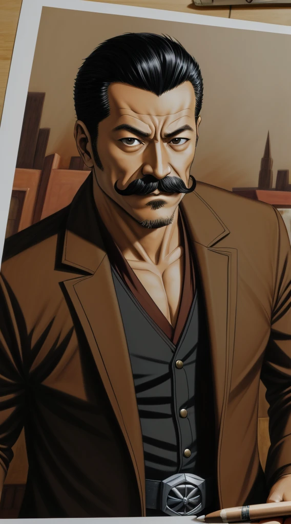 50 years old，Hidetoshi Nakata ，（Kogoro Mouri 1.3), man in kraven outfit, tong, mustache, little beard, kraven jacket marvel, short hair, drawing style picture, wallpaper quality, super detail, masterpiece, 4k hd, 8k hd, 16k hd