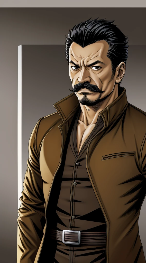 50 years old，Hidetoshi Nakata ，（Kogoro Mouri 1.3), man in kraven outfit, tong, mustache, little beard, kraven jacket marvel, short hair, drawing style picture, wallpaper quality, super detail, masterpiece, 4k hd, 8k hd, 16k hd