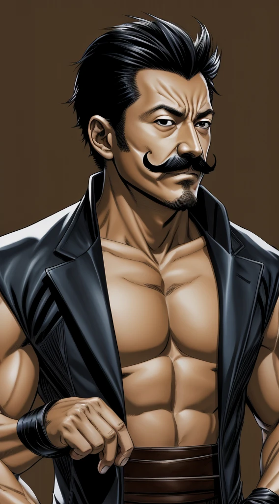 50 years old，Hidetoshi Nakata ，（Kogoro Mouri 1.3), man in kraven outfit, tong, mustache, little beard, kraven jacket marvel, short hair, drawing style picture, wallpaper quality, super detail, masterpiece, 4k hd, 8k hd, 16k hd