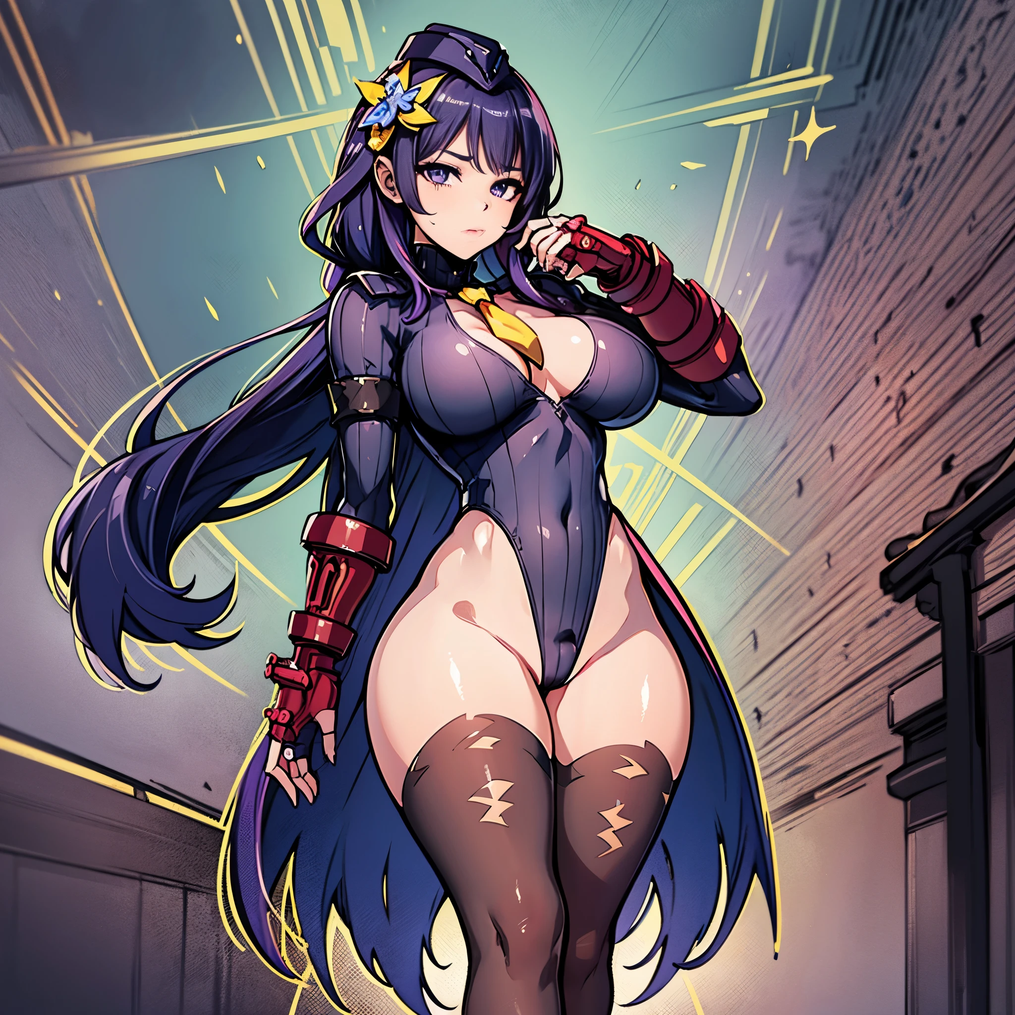 Ultra-detailed, explicit, Beautiful body, Beautiful nose, Beautiful character design, Perfect eyes, Perfect face, 超A high resolution, 4K, Beautiful legs, Perfect legs, nice hand, perfect hand, masutepiece, Best Quality, Highly detailed, Illustration, absurderes, street fighter, Doll suit with no open chest, Shadaloo doll, deadpan, blank eye, Looking at Viewer, Red gloves, deadpan, 黒色のLatex, mind control, Women Combatants, Hypnotized, Trance, Full body bodysuit, ribbed bodysuit, Stand up straight, obey, Perfect female body, extremely glossy Latex,Hypnotized, hypnoLora, Empty eyes, mind controlデバイス, mature woman poses, Brainwashed, Slave, neck tie, Stand up straight, Standing, Belt bag, Latex, thighs thighs thighs thighs, Raiden General、Purple hair, Long hair,braid,Hair Ornament,Purple eyes,Mole, Large breasts,Colossal tits,huge tit,cowboy shot