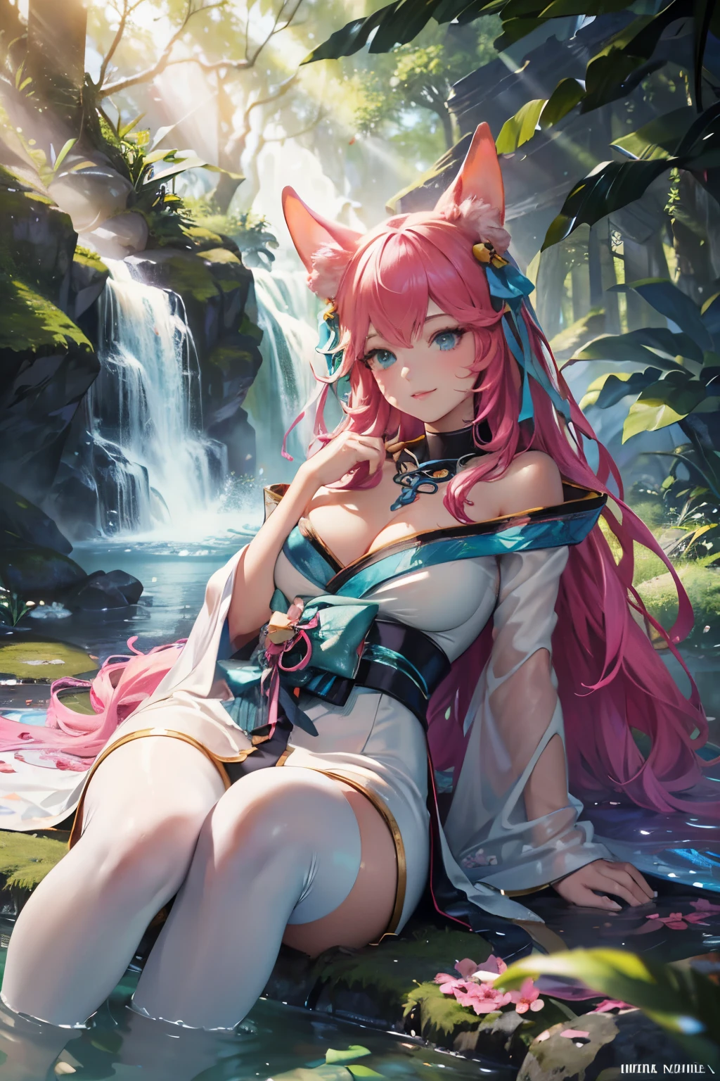 (best quality,4k,8k,highres,masterpiece:1.2),ultra-detailed,(realistic,photorealistic,photo-realistic:1.37),Ahri laying down,smiling,in a forest,surrounded by beautiful plants,majestic,spirit blossom,portraits,vivid colors,lush greenery,bright sunlight,soft shadows,gentle breeze,sparkling dewdrops,ethereal atmosphere,colorful flowers and leaves,magical aura,floating petals,light rays penetrating through the treetops,peaceful and serene ambiance