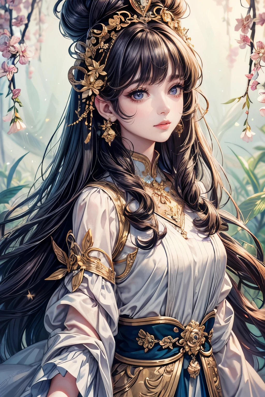 (best quality,8K,CG),detailed upper body,solitary girl,floral forest background,complex facial features,elegant long curly hair,almond-shaped big eyes,detailed eye makeup,long eyelashes,twinkling stars,exquisite lip details,soft and harmonious style.