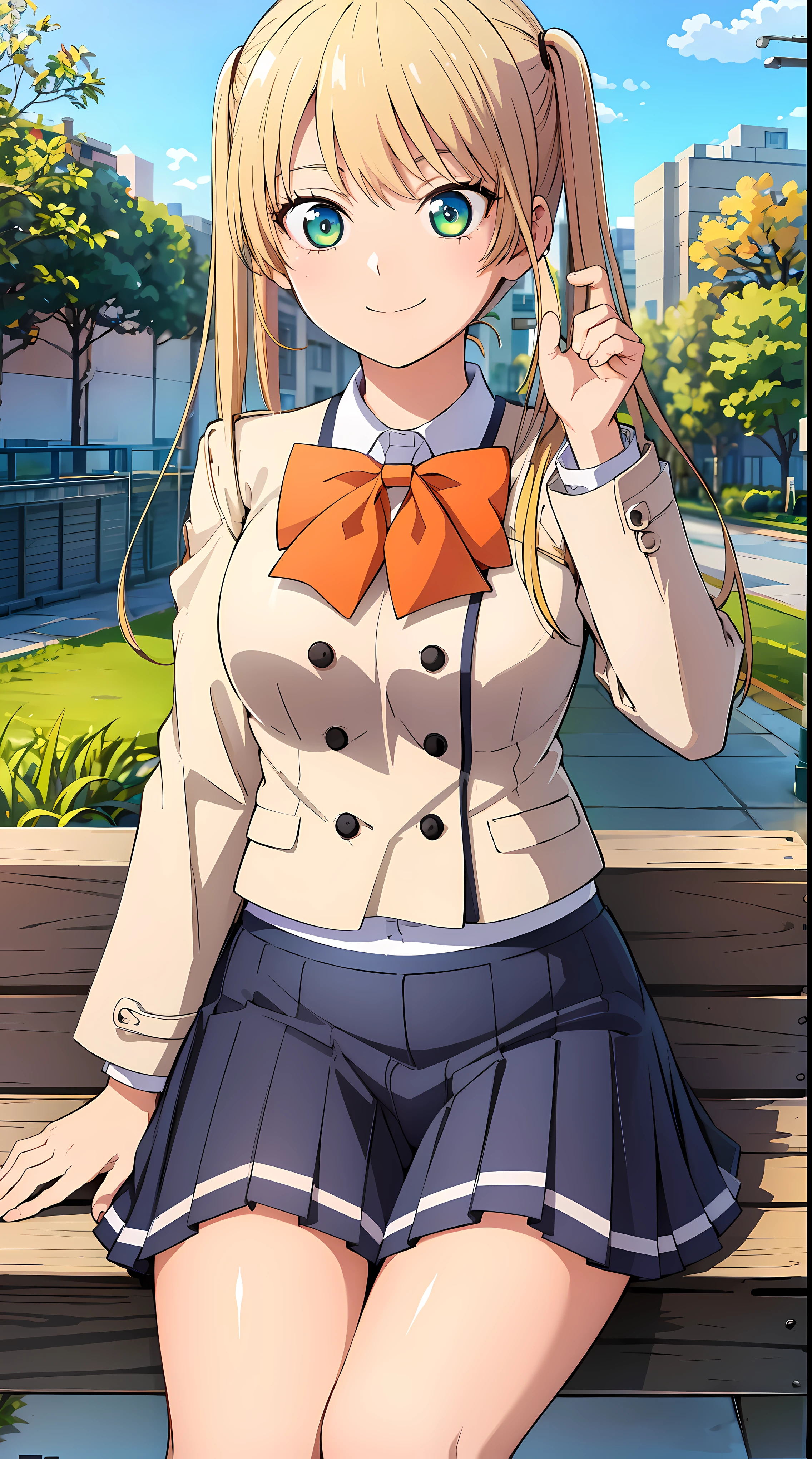 ((best quality, high quality, highres)), rika hoshizaki, (big boobs:1.2), school uniform, in the park, solo, 1girl, cowboy shot, smile, sit down