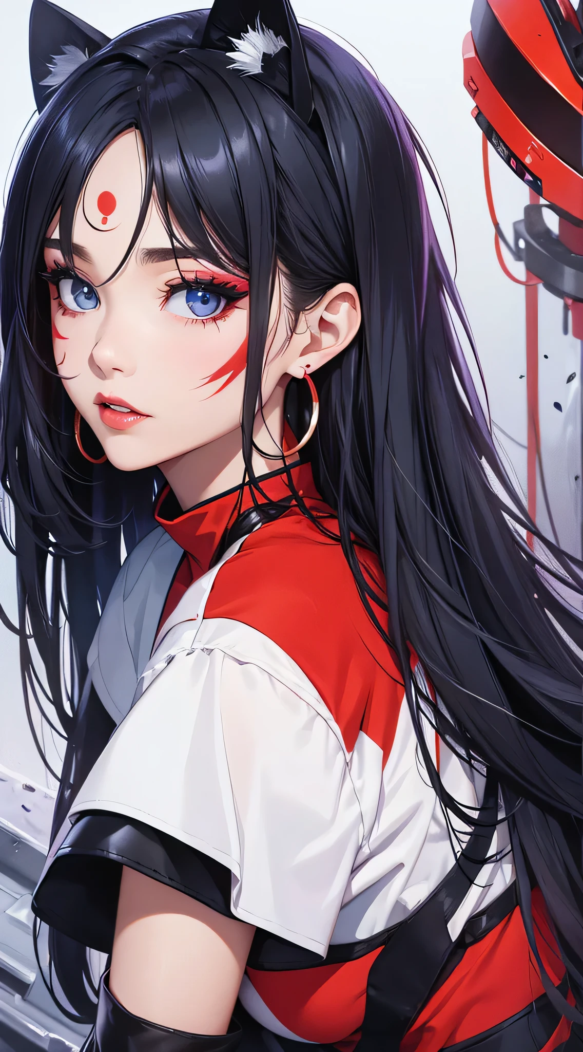 top-quality、Top image quality、masterpiece、Teenage girl((White shirt、Long black trousers、18year old、 Ager、Best Bust、big bast,Black eyes, blue hairs、A slender,Large valleys、red lipstick makeup、Cute earrings、銀の腕時計、Bring your chest together、Sit up、Eyeshadow that colors your eyes with a captivating pose、all-fours、Red Body Paint、blue face paint、gal make)),hiquality、Beautiful Art、Background with((white walls、Photography Studio))masterpiece、depth of fields,Camera Film Style