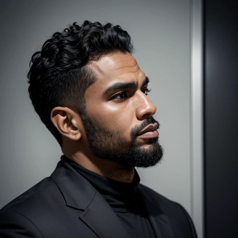 ((melhor qualidade)) homen negro de perfil com terno preto usando uma coroa em um quarto escuro