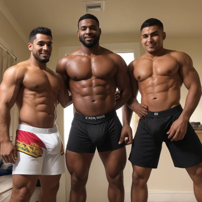 3 hombres de raza negra guapos, en boxers, with a huge bulge in the crotch.