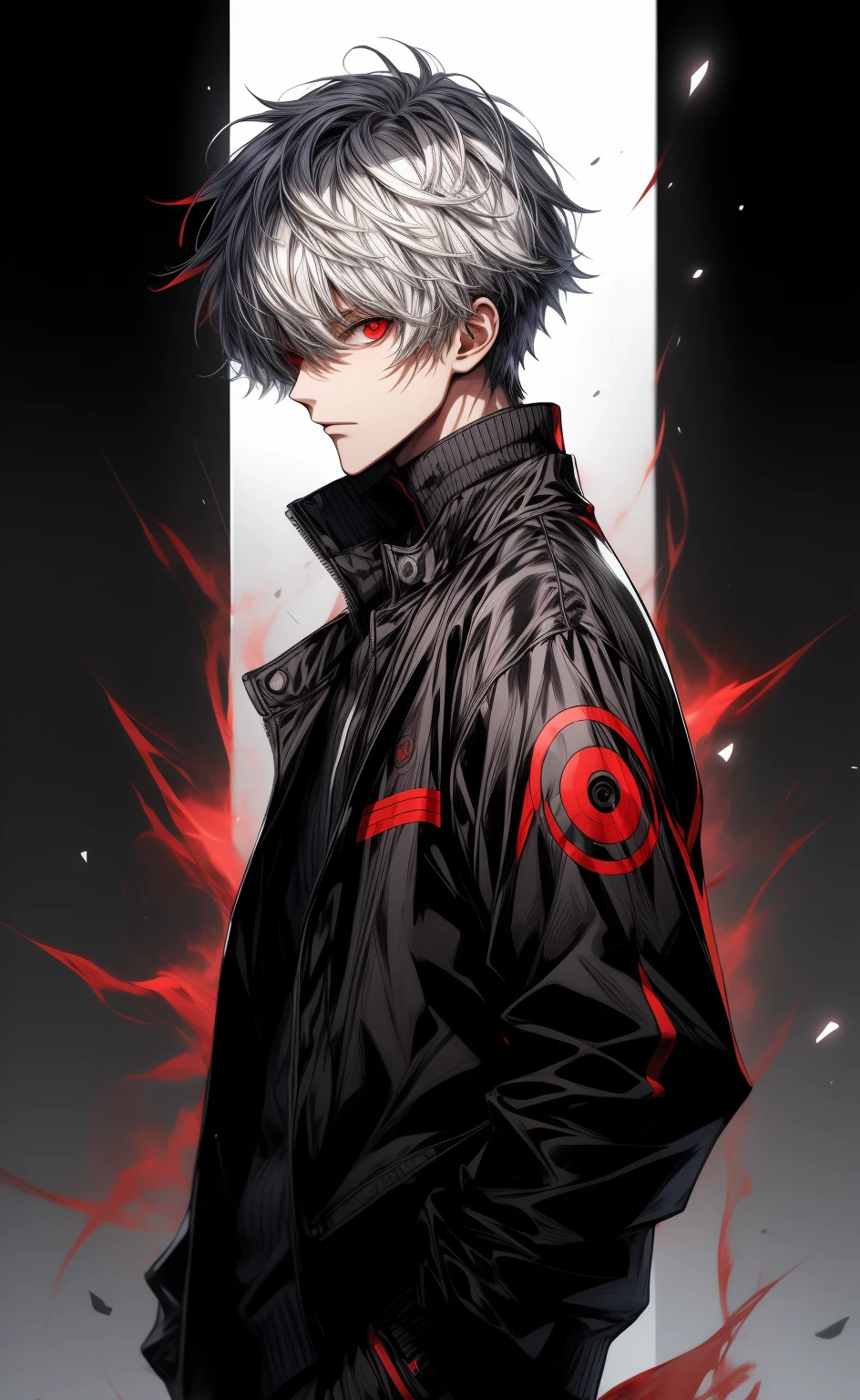 anime character with a black jacket and red eyes in a circle, ken kaneki, kaneki ken, 4 k manga wallpaper, high quality fanart, a silver haired mad, kaworu nagisa, anime boy, best anime 4k konachan wallpaper, anime wallaper, anime art wallpaper 8 k, in an anime style, male anime style, official fanart