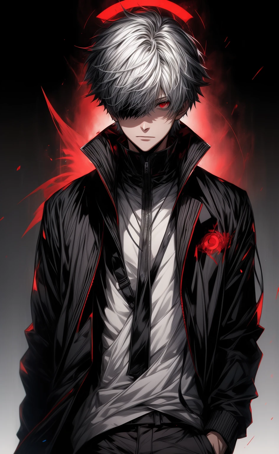 anime character with a black jacket and red eyes in a circle, ken kaneki, kaneki ken, 4 k manga wallpaper, high quality fanart, a silver haired mad, kaworu nagisa, anime boy, best anime 4k konachan wallpaper, anime wallaper, anime art wallpaper 8 k, in an anime style, male anime style, official fanart
