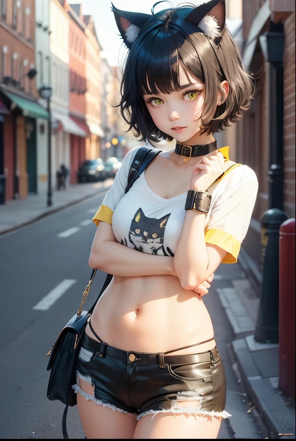 cute girl, Short dark green hair, beautiful yellow eyes, cat ears, cat collar, cat tail