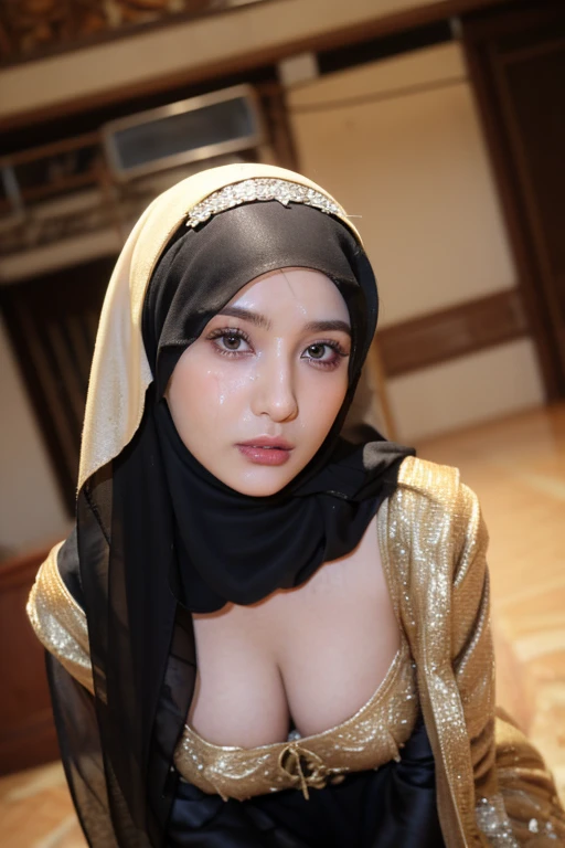 absurd dress, 1 Beautiful Arab Woman、(((Ancient Arab national costumes, hijab:1.4))), naughty woman mature、Realistic limbs、sexy tall posture, plump body, Arabian Market、full make up, Hyper realistic, Perfect Anatomy, no clothes, no bra, no underwear, showing nipple, (exposed pussy:1), (showing pubic hair:1.4), fully body photo:1.6, eyes looking into the camera, naughty pose, inside church, ((front of many men)), detail breast, eyes were clearly visible, both wet face and hijab with lot of semen, small head big and red eye)), ((multiple men, surrounded by men)), A seductive mischievous expression,