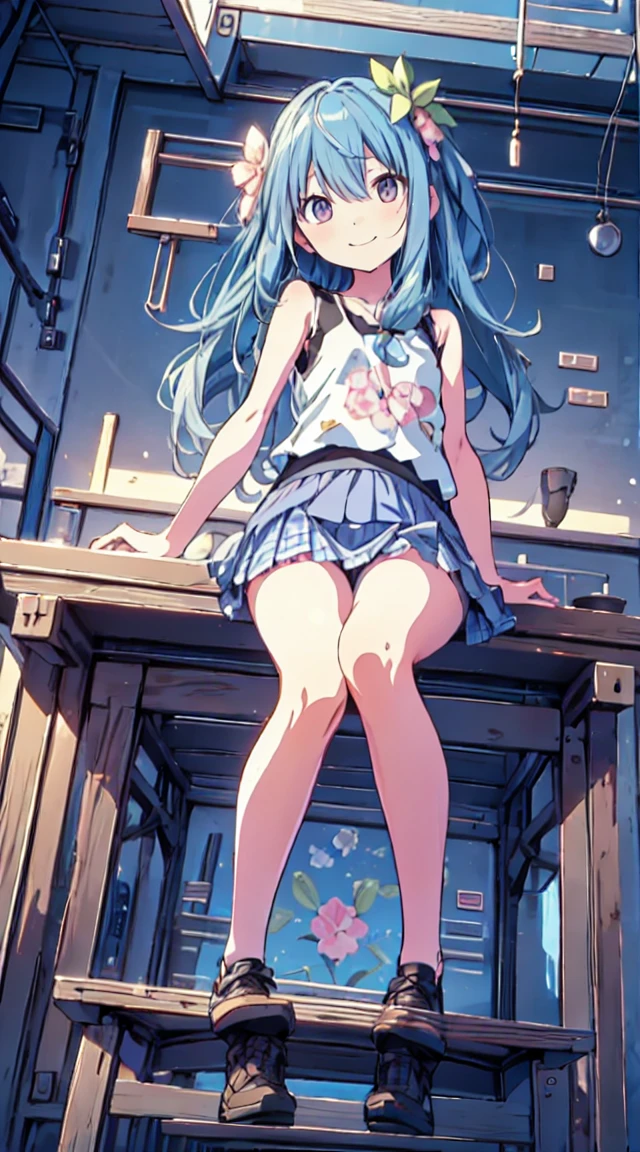 masutepiece, Best Quality,Illustration, Wallpaper, ultra -detail, 1loli、♡、Futomo、Poses in motion、A mischievous smile、Tank Tops、a short skirt、Viewpoint looking up from the bottom、cross one's legs