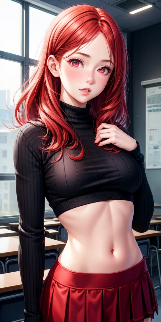 Beautiful red and pink hair woman is shown to have a sexy figure, she is wearing a turtleneck sweater and cute skirt, high socks,, choker, sexy look, ponytail, hair bows, blue eyes, girl in a coffee shop ,sexy session, sexy pose, cowboy shot, superior quality, many details, realistic