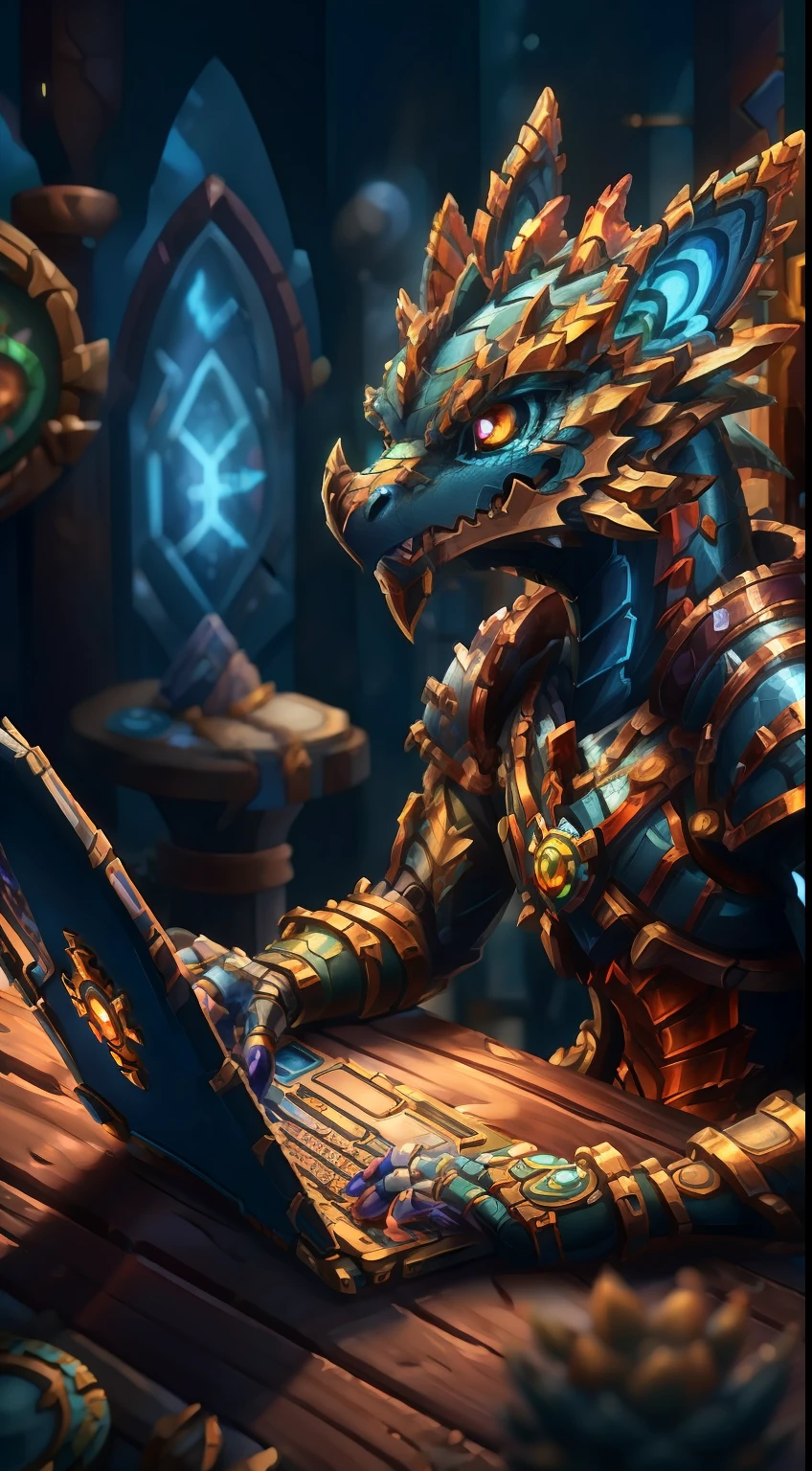 There was a dragon sitting on the table，There is a laptop on it, anthro dragon art, Portrait of a cyborg dragon, from hearthstone, Hearthstone card game artwork. ”, as an anthropomorphic dragon, D&d commision art dragon, hearthstone art, Hearthstone card art, Blizzard Hearthstone concept art, male robotic anthro dragon, hearthstone official splash art