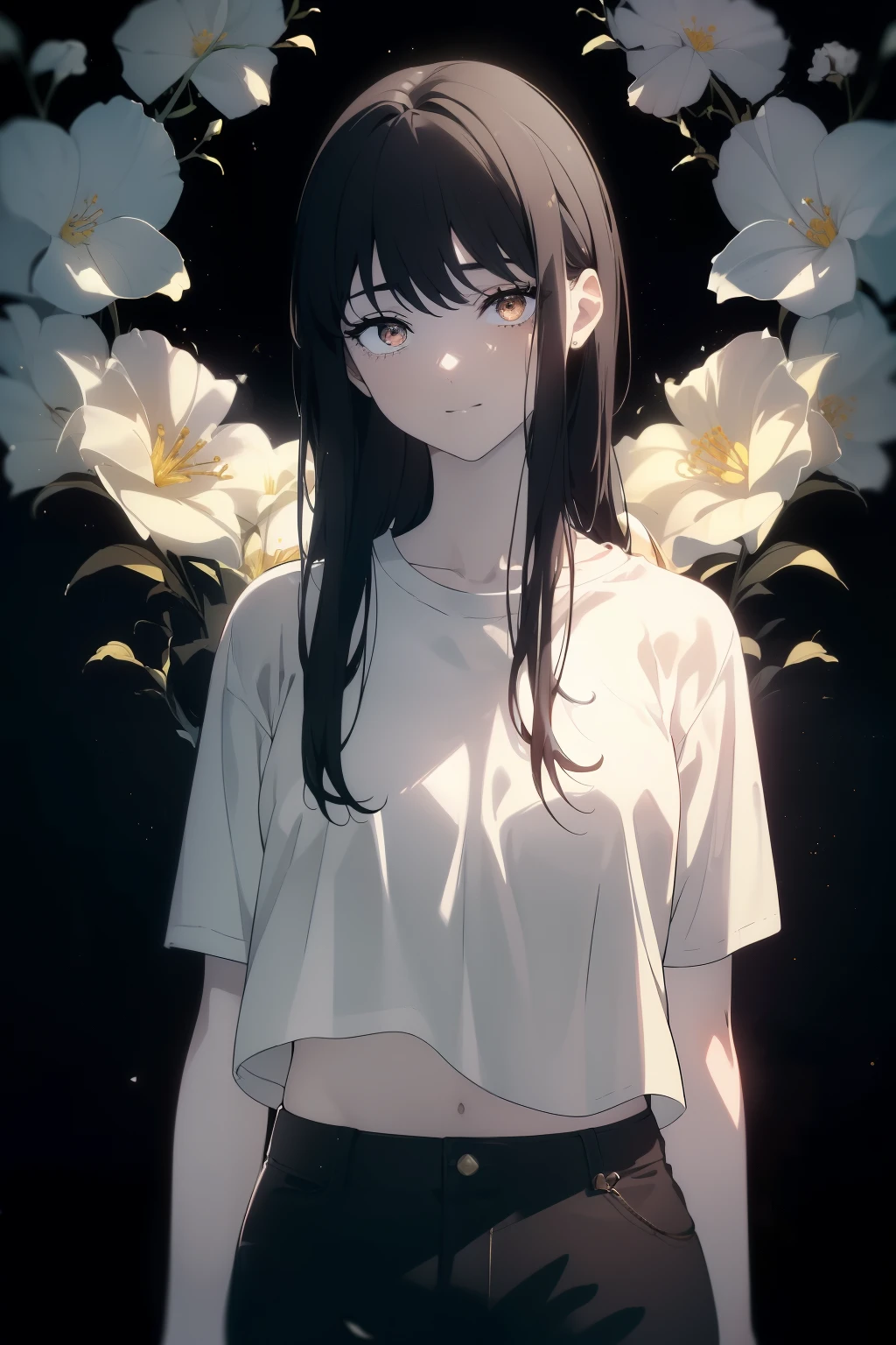 ((((Obra maestra, La mejor calidad, ultrahigh resolution)))), 1girl, standing, ((baggy white t-shirt, loose fitting blue shorts, black hair, dark black hair)), long hair cut, pale skin, ((brown eyes)), (glowing_eyes, luminescent eyes), (ultra detailed eyes:0.7, beautiful and detailed face, detailed eyes:0.9), ((centered)), smile, ((wide shot)), facing viewer, (((vibrant background of outside, flowers, bright lighting, summer, sunlight))), flat chested, looking at viewer, ((perfect hands)), ((head:1, hips, elbows, arms, in view)), ((hands behind back)), beautiful lighting, defined subject, (25 years old), ((cool looking)), Chi no Wadachi